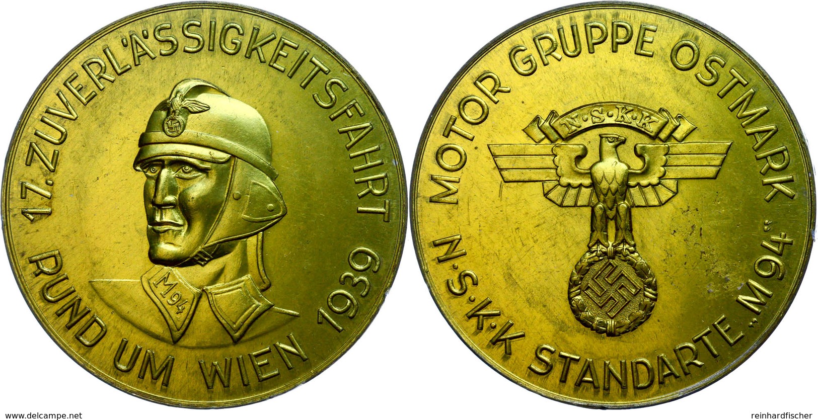 NSKK, Vergoldete Aluminiummedaille 1939, "17. Zuverlässigkeitsfahrt Rund Um Wien 1939 - Motorgruppe Ostmark NSKK Standar - Autres & Non Classés