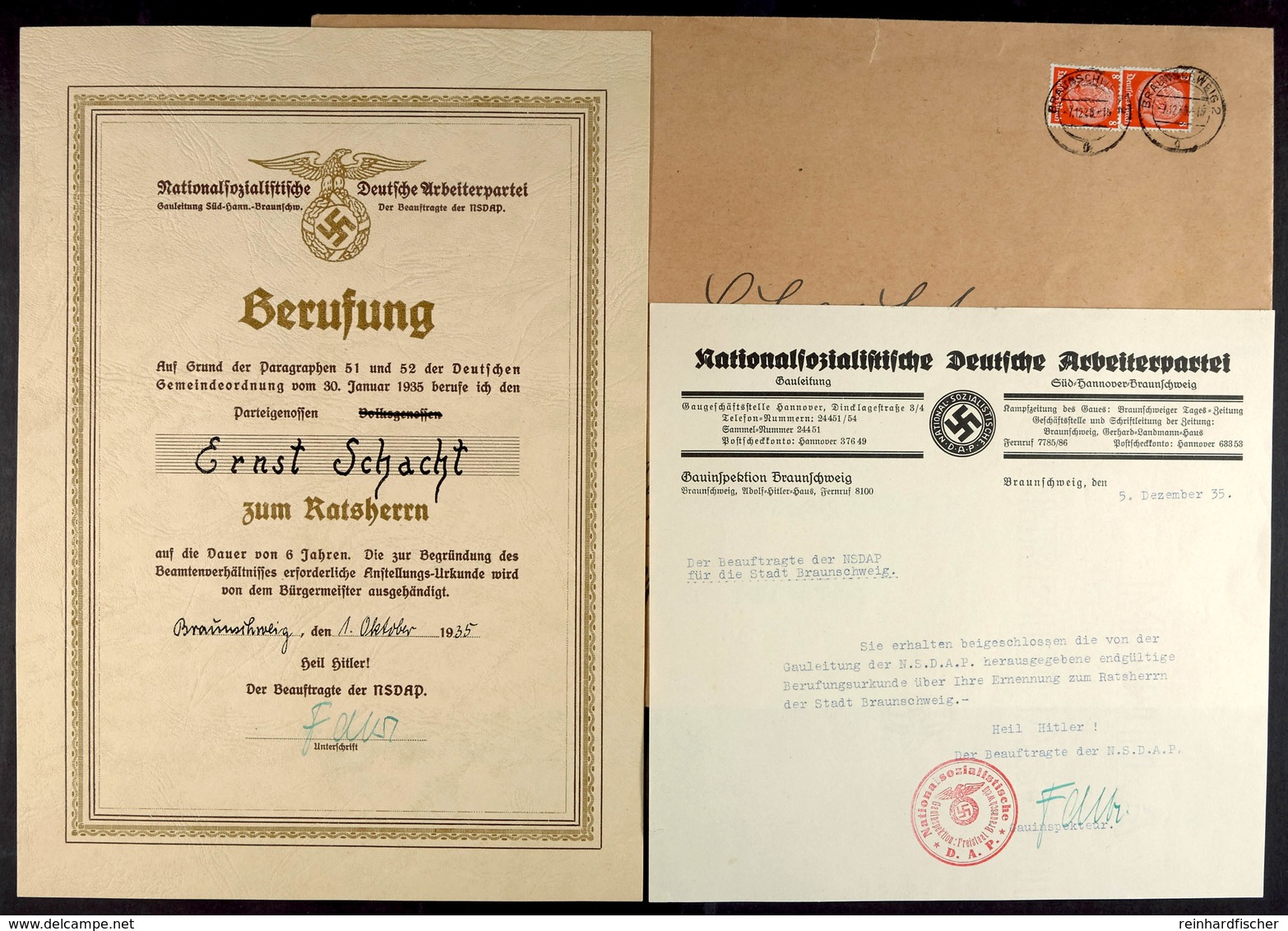 Berufungsurkunde Zum Ratsherrn Der Stadt Braunschweig, Datiert Braunschweig 1. Oktober 1935, Dazu Übersendungsschreiben  - Documents