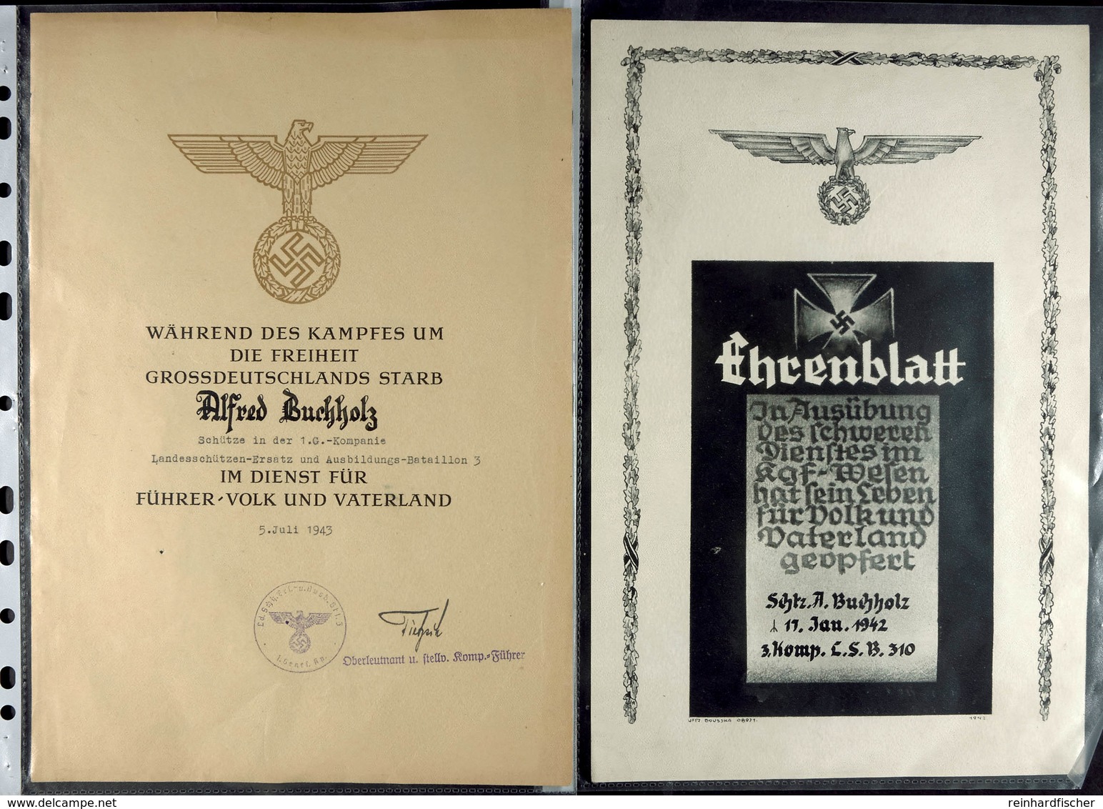 Todesurkunde "...während Des Kampfes Um Die Freiheit Grossdeutschlands...", Datiert 5. Juli 1943 Und Ehrenblatt, Beides  - Documenten