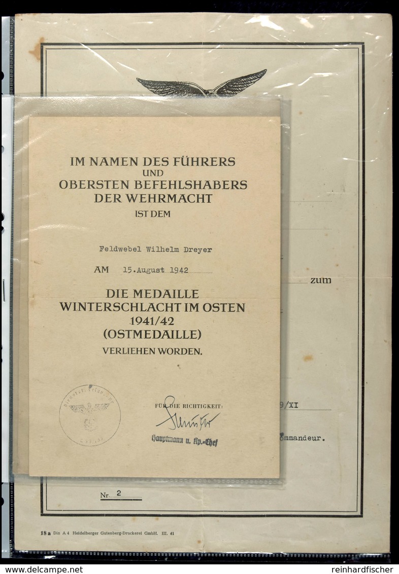 Urkundengruppe Mit Verleihungsurkunde Medaille Winterschlacht Im Osten 1941/42, Datiert 15. August 1942, Faltspur Mittig - Dokumente