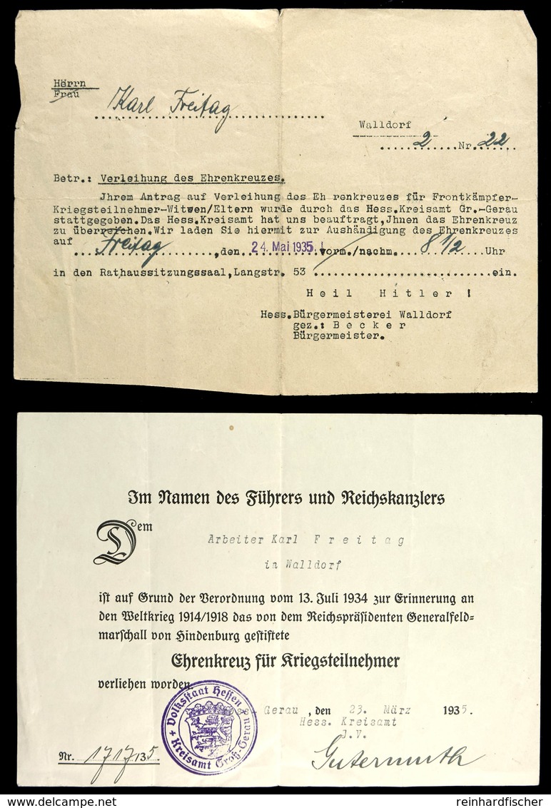 Verleihungsurkunde Ehrenkreuz Für Kriegsteilnehmer Mit Anschreiben "Einladung Zur Aushändigung Des Ehrenkreuzes", Dazu E - Documents