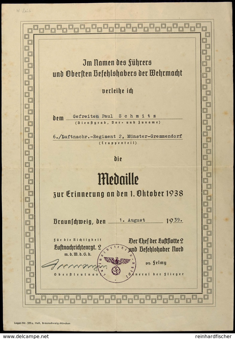 Verleihungsurkunde Für Die Medaille Zur Erinnerung An Den 1. Oktober 1938, Datiert Braunschweig Den 1. August 1939, Falt - Documenti