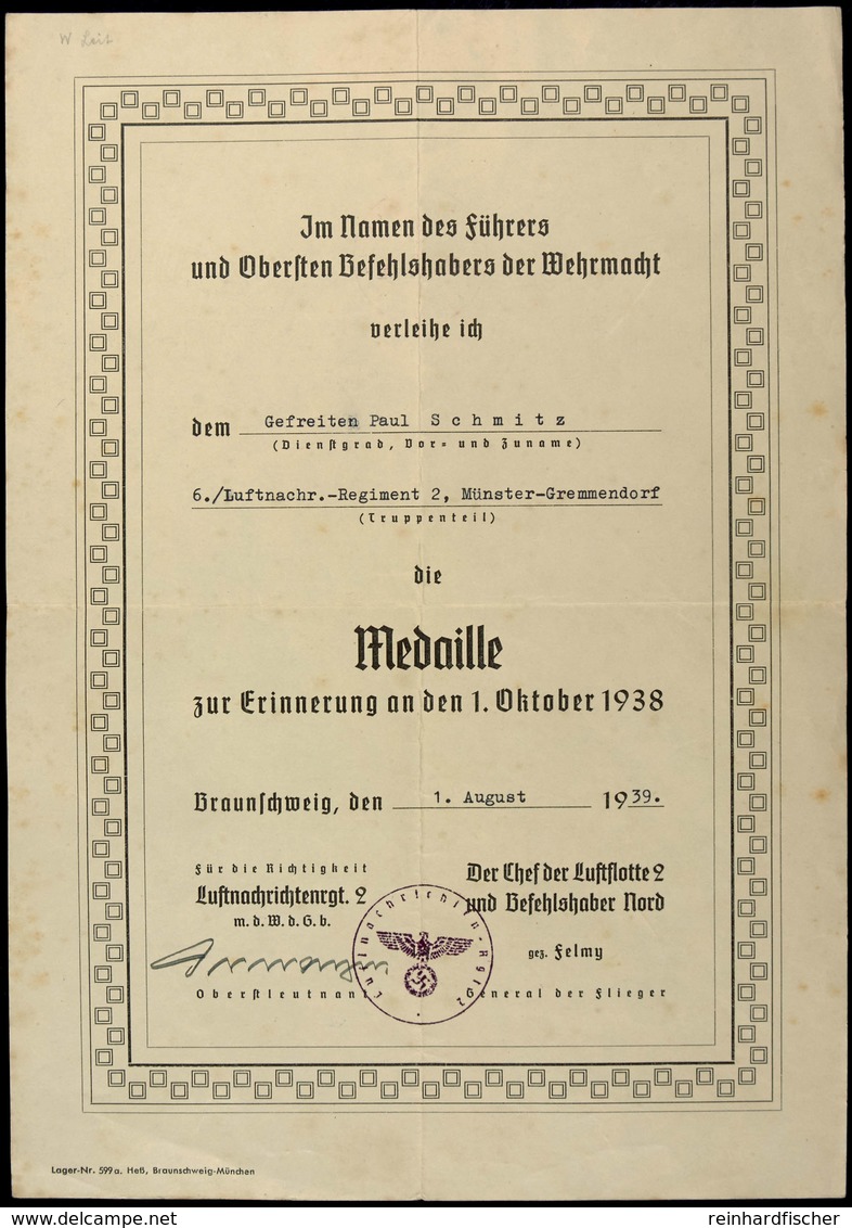 Verleihungsurkunde Für Die Medaille Zur Erinnerung An Den 1. Oktober 1938, Datiert Braunschweig Den 1. August 1939, Falt - Dokumente