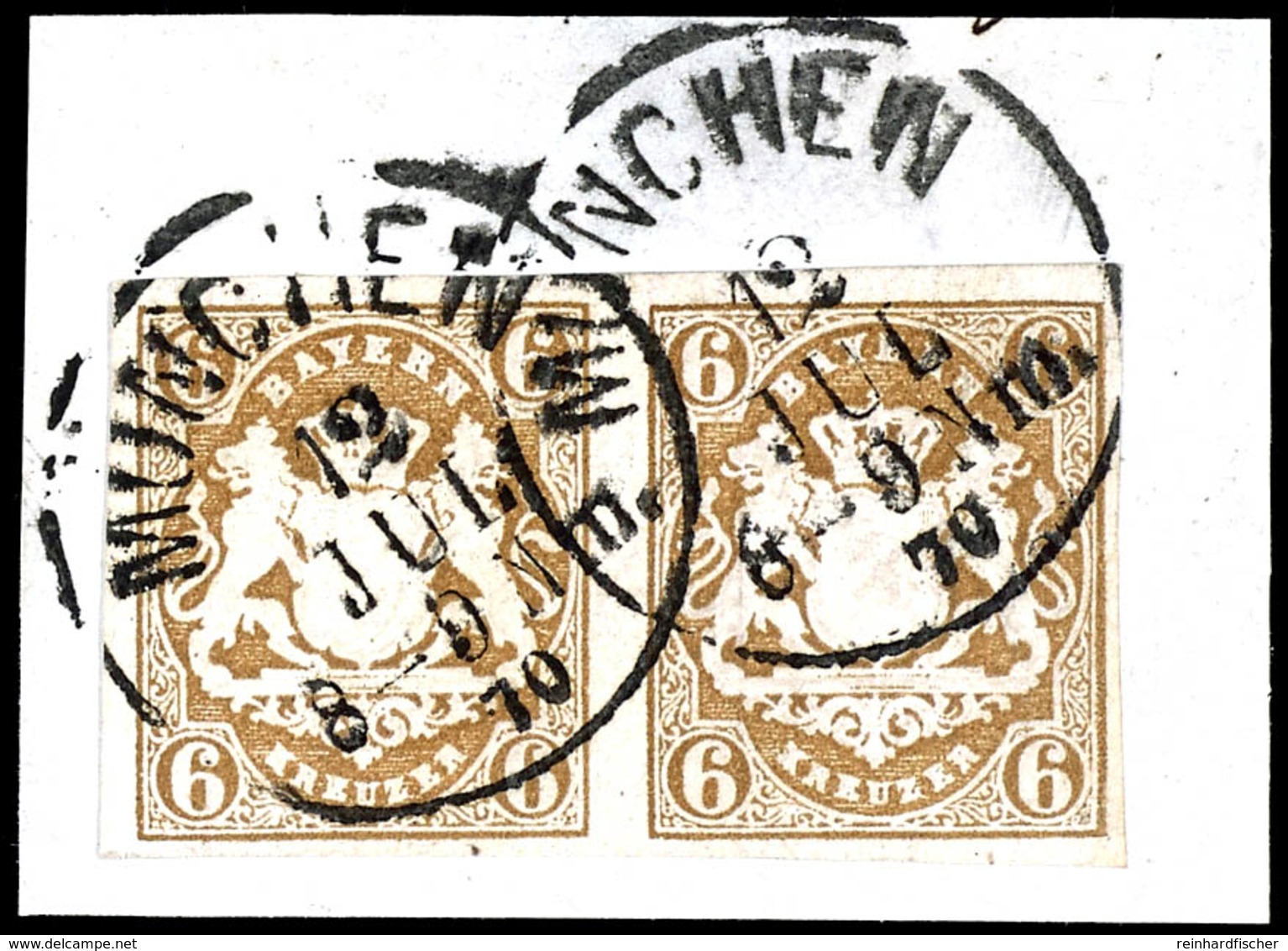6 Kr. Wappen Ockerbraun, Waagerechtes Paar Auf Briefstück, Zentrisch Gestempelt K1 "MÜNCHEN 12 JUL 70", Allseits Voll- B - Sonstige & Ohne Zuordnung