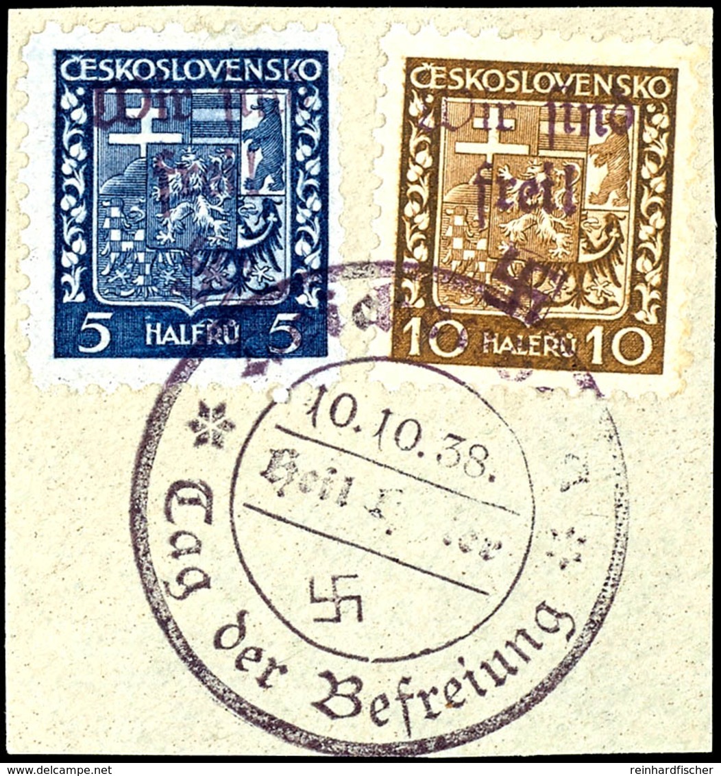 5 Heller Und 10 Heller Je Mit Handstempel-Aufdruck "Wir Sind Frei! + Hakenkreuz", Tadellos Gestempelt Mit Befreiungsstem - Other & Unclassified