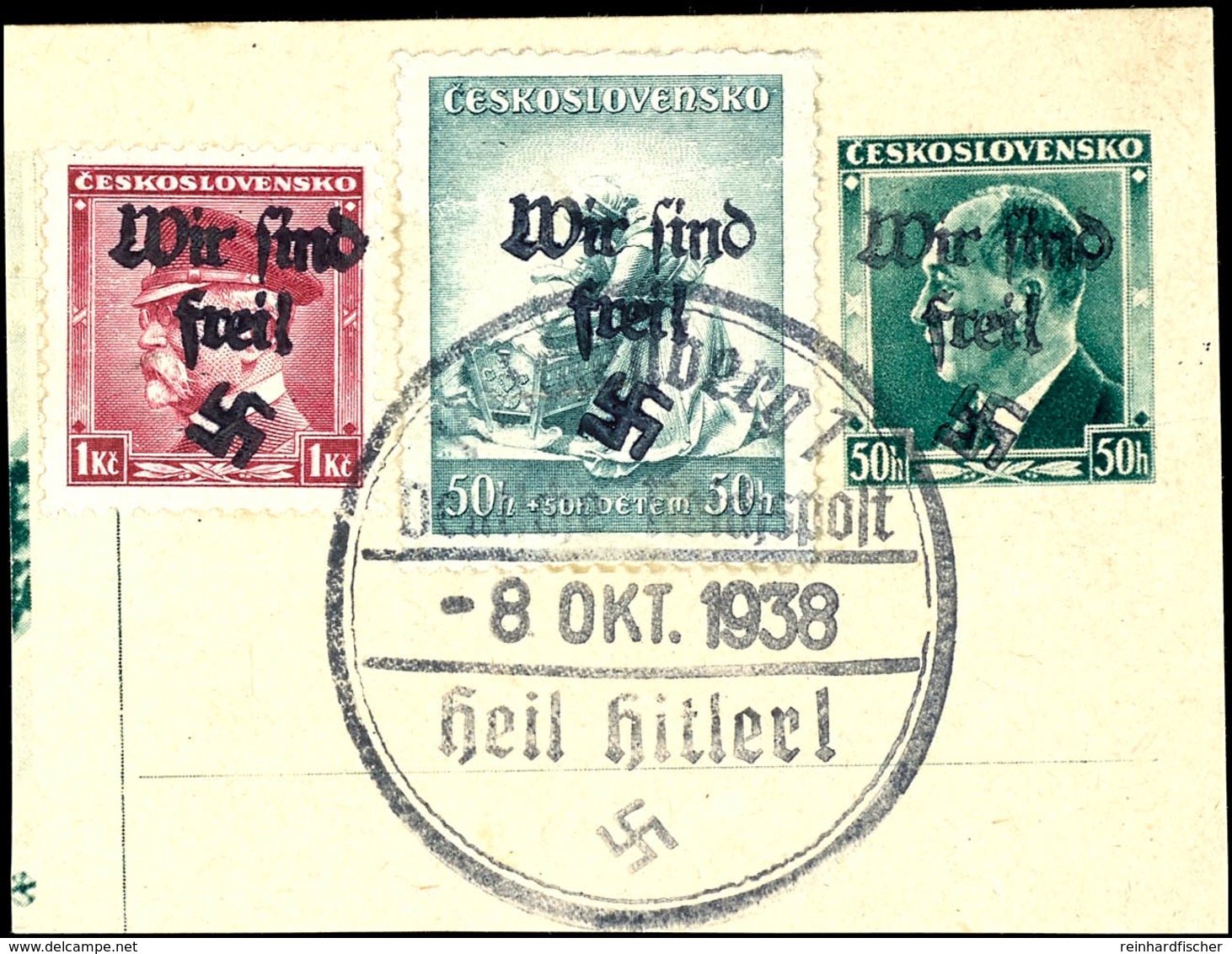 1 Kc. Und 50 Heller Freimarken Mit Handstempelaufdruck Auf Ganzsachenabschnitt Mit Entwertung "Reichenberg 1 / 8. Okt. 1 - Other & Unclassified