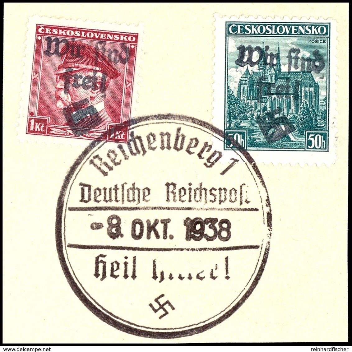 1 Kc. Und 50 H. Freimarke Je Mit Handstempel-Aufdruck "Wir Sind Frei! + Hakenkreuz", Tadellos Gestempelt "Reichenberg 1  - Other & Unclassified