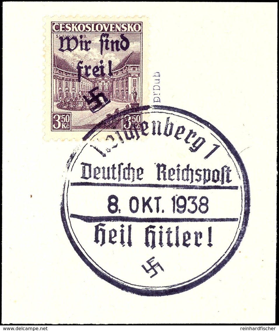 3,50 Kc. Austerlitz Mit Handstempel-Aufdruck "Wir Sind Frei! + Hakenkreuz", Tadellos Gestempelt "Reichenberg 1 8. Okt. 1 - Sonstige & Ohne Zuordnung