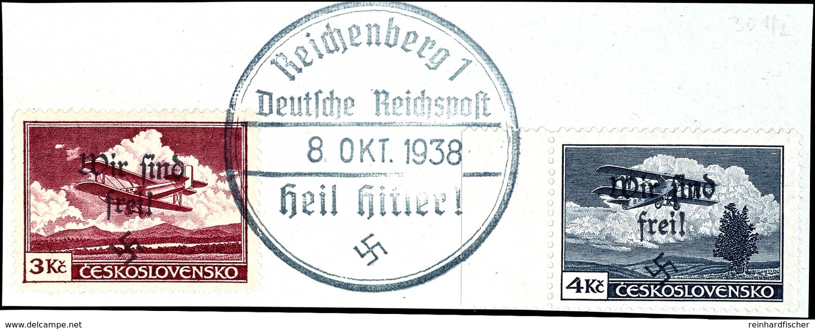 50 Heller Bis 5 Kc. Flugpost Je Mit Handstempel-Aufdruck "Wir Sind Frei! + Hakenkreuz", Tadellos Gestempelt "Reichenberg - Sonstige & Ohne Zuordnung