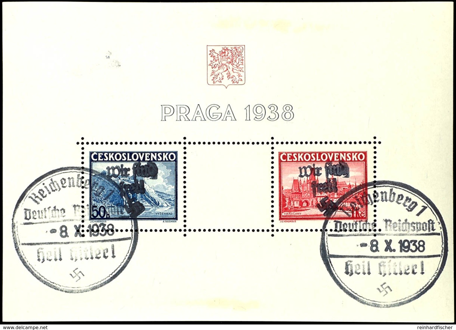 Blockausgabe Briefmarkenausstellung Praga Mit Zentrischem Sonderstempel "Reichenberg 8.X.38", Am Oberen Und Unteren Rand - Sonstige & Ohne Zuordnung