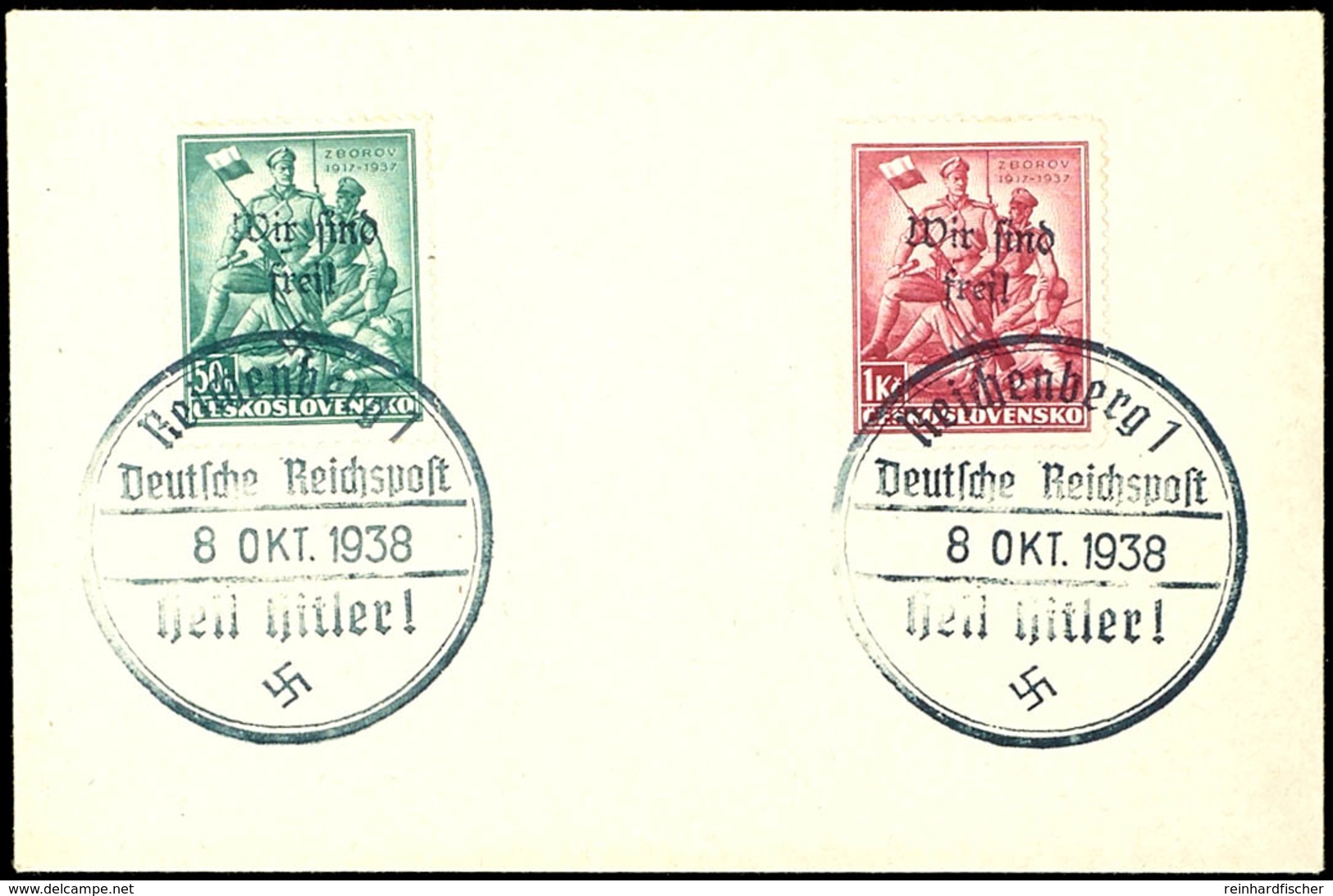 50 H. Und 1 Kc. Legionär Zborov Je Mit Handstempel-Aufdruck "Wir Sind Frei! + Hakenkreuz", Tadellos Gestempelt "Reichenb - Other & Unclassified