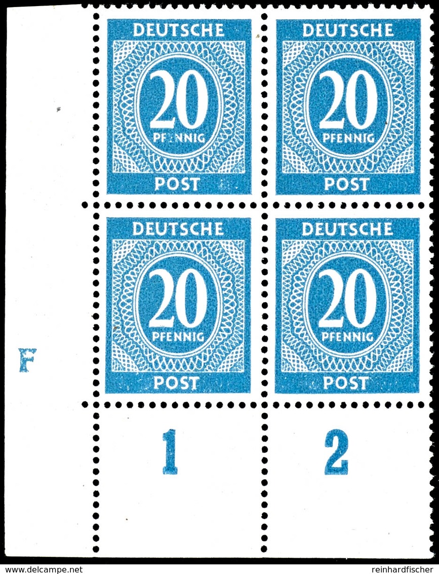 20 Pfennig Ziffer, 4er-Block Aus Der Linken Unteren Bogenecke Mit Druckerzeichen "F", Postfrisch, Michelwert 250., Katal - Other & Unclassified