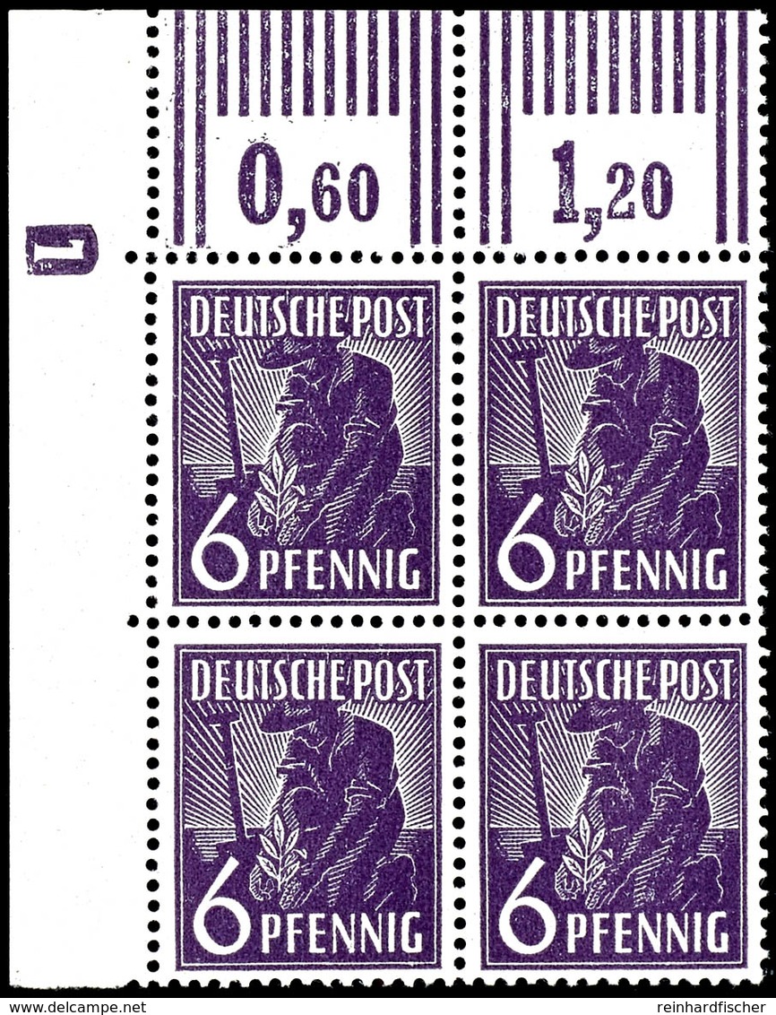 6 Pfennig Arbeiter, Drei 4er-Blocks Und Ein Senkrechtes Paar, Je Aus Bogenecken Mit Druckerzeichen "12 Positiv, "1", "4" - Sonstige & Ohne Zuordnung