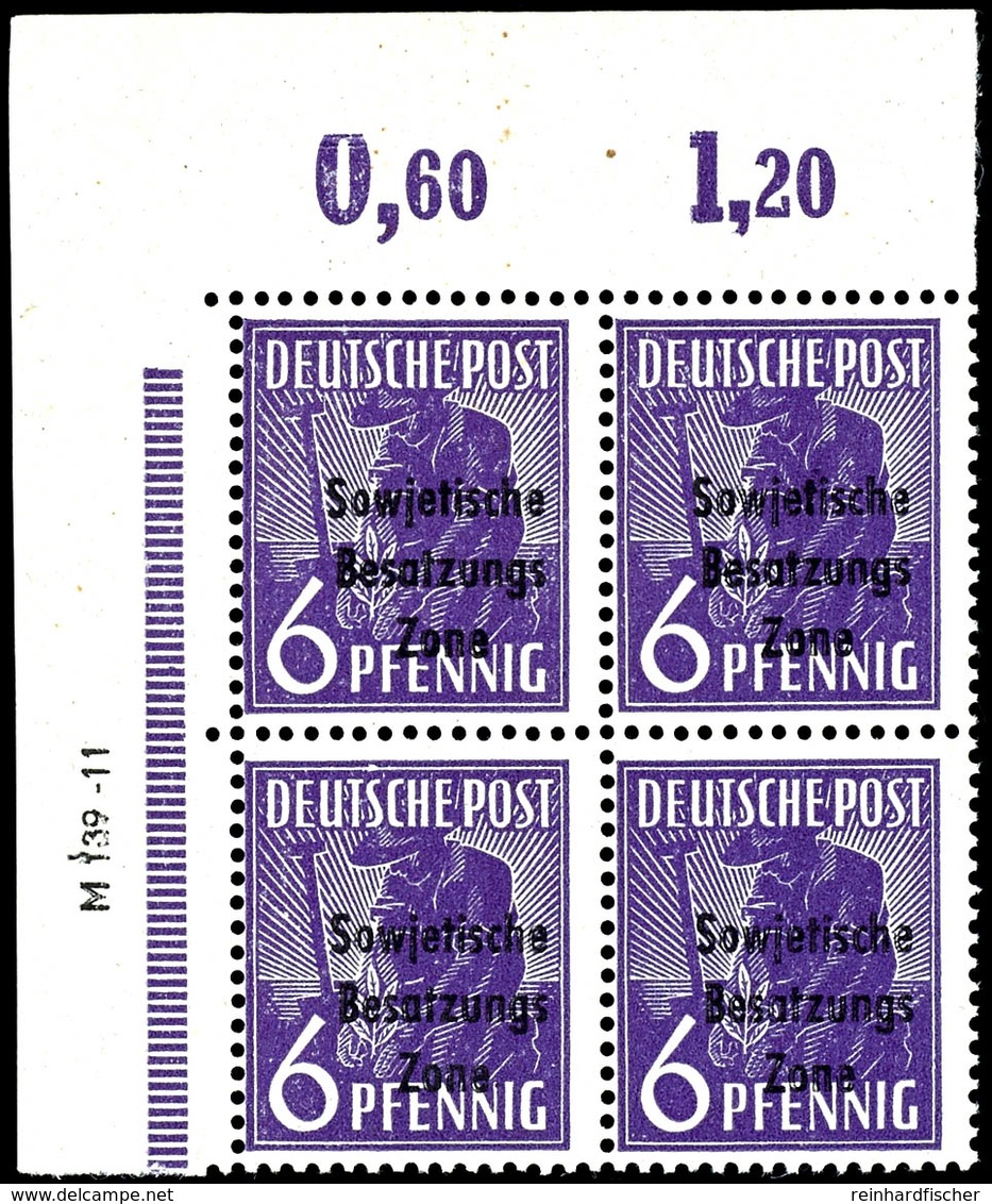 6 Pfg. Arbeiter Dunkelviolett, Plattendruck, Postfrischer 4er-Block Aus Der Linken Oberen Bogenecke Mit Druckvermerk "M  - Other & Unclassified