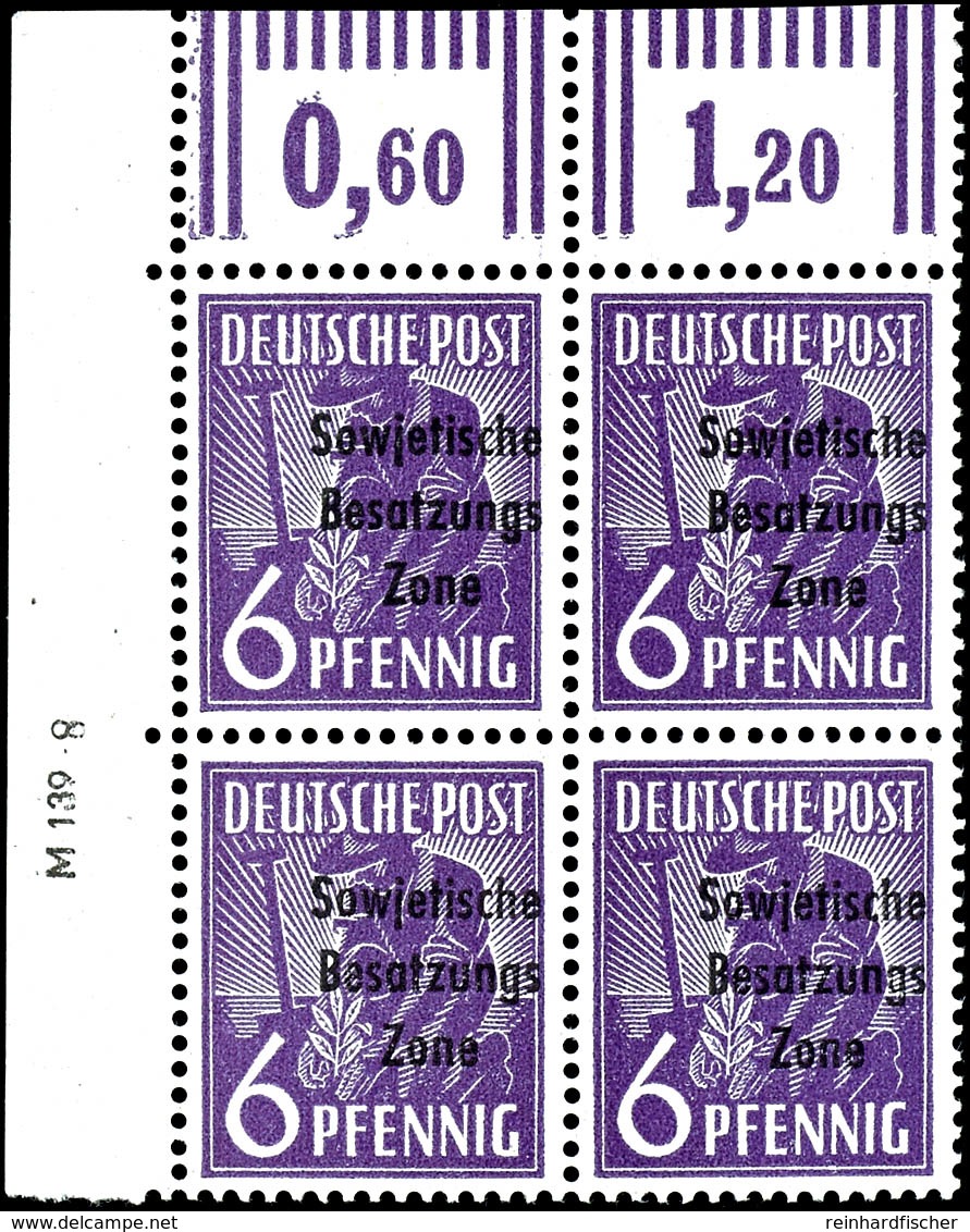 6 Pfg. Arbeiter Dunkelviolett, Walzendruck, Postfrischer 4er-Block Aus Der Linken Oberen Bogenecke Mit Druckvermerk "M 1 - Altri & Non Classificati