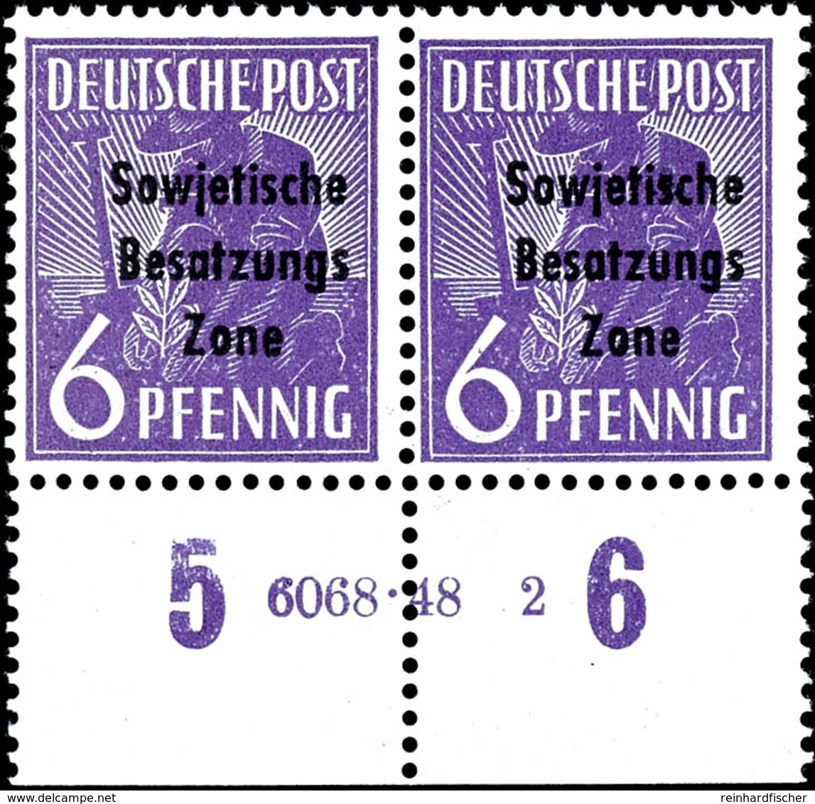 6 Pfg. Arbeiter Dunkelviolett, Zwei Waagerechte Paare Vom Bogenunterrand Mit HAN "6018.48 2" Bzw. "6068.48 2", Postfrisc - Sonstige & Ohne Zuordnung