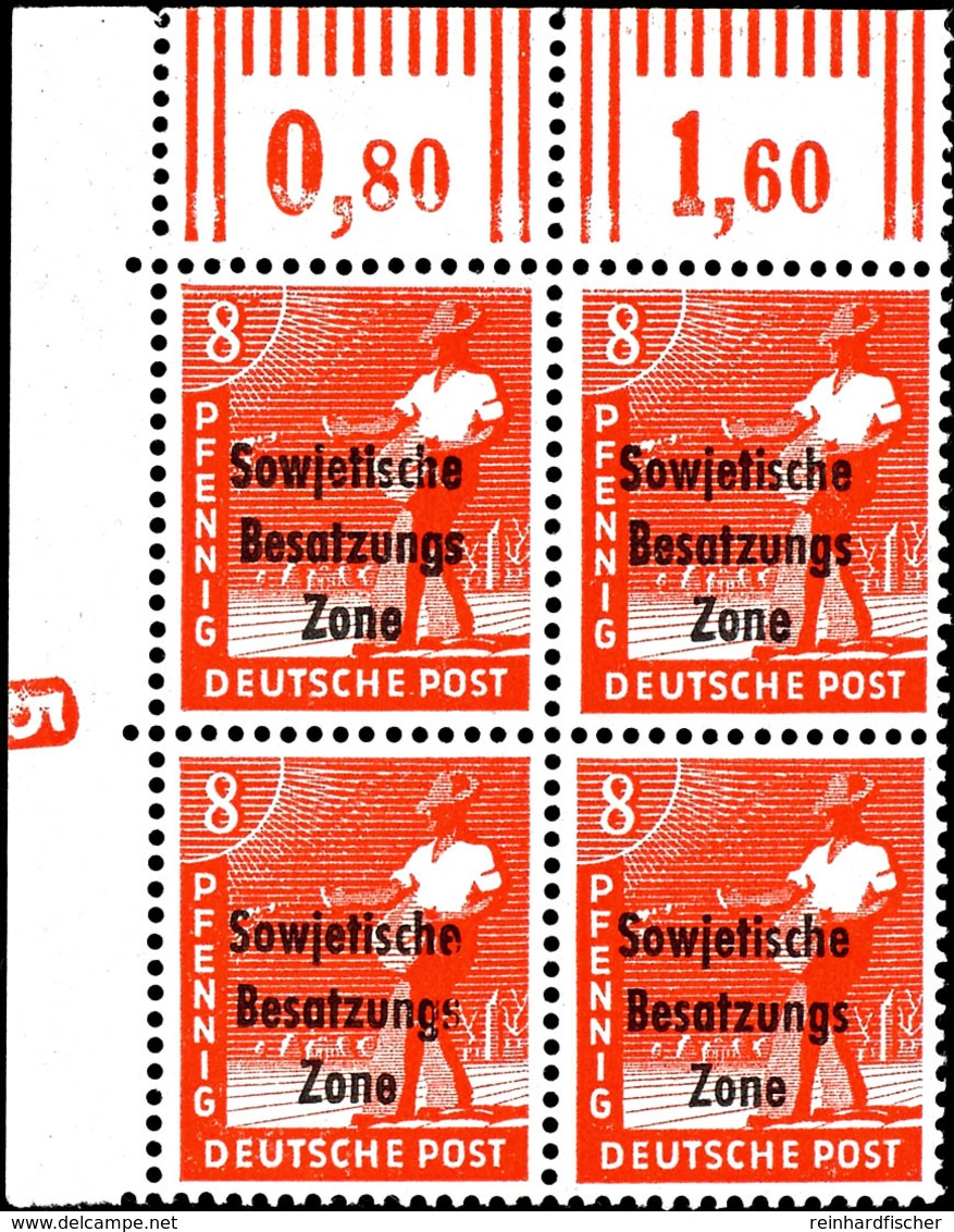 8 Pfg. Arbeiter Rot, Walzendruck, Postfrischer 4er-Block Aus Der Linken Oberen Bogenecke Mit Druckerzeichen "5" Negativ, - Sonstige & Ohne Zuordnung