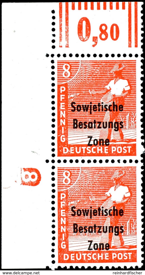 8 Pfg. Arbeiter Rot, Walzendruck, Senkrechtes Paar Aus Der Linken Oberen Bogenecke Mit Druckerzeichen "8" Negativ, Postf - Other & Unclassified