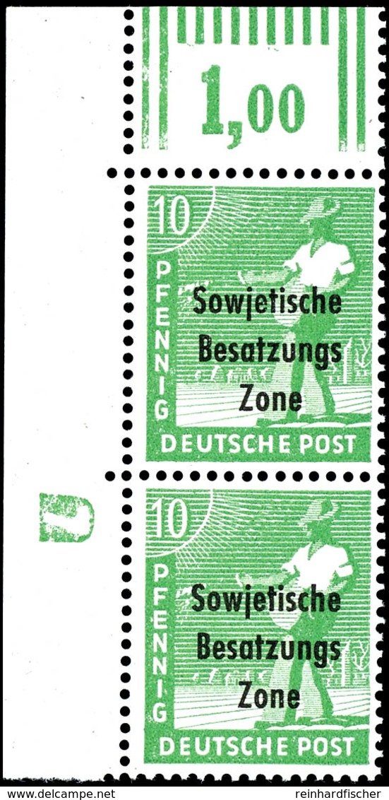 10 Pfg. Arbeiter Dunkelgelbgrün, Walzendruck, Senkrechtes Paar Aus Der Linken Oberen Bogenecke Mit Druckerzeichen "7" Ne - Autres & Non Classés