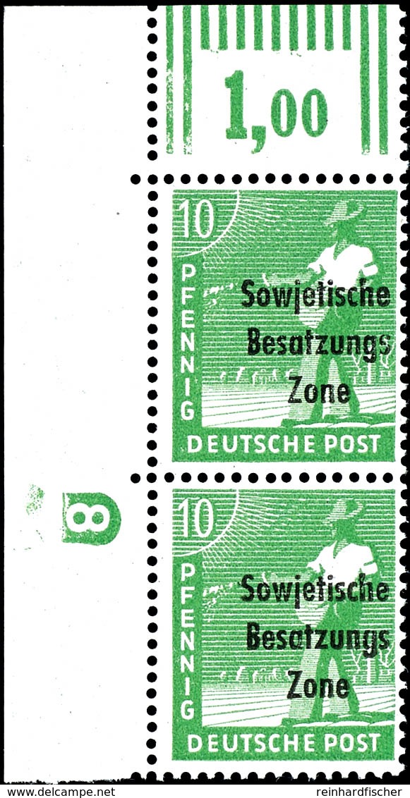 10 Pfg. Arbeiter Dunkelgelbgrün, Walzendruck, Senkrechtes Paar Aus Der Linken Oberen Bogenecke Mit Druckerzeichen "8" Ne - Other & Unclassified