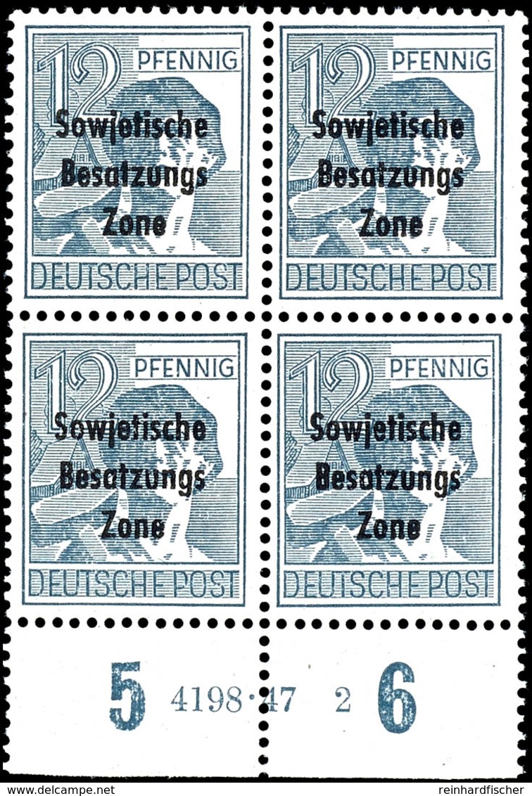 12 Pfg. Arbeiter, 4er-Block Vom Unteren Bogenrand Mit HAN "4198.47 1", Postfrisch, Die Senkrechte Zähnung Ist Am Unterra - Other & Unclassified
