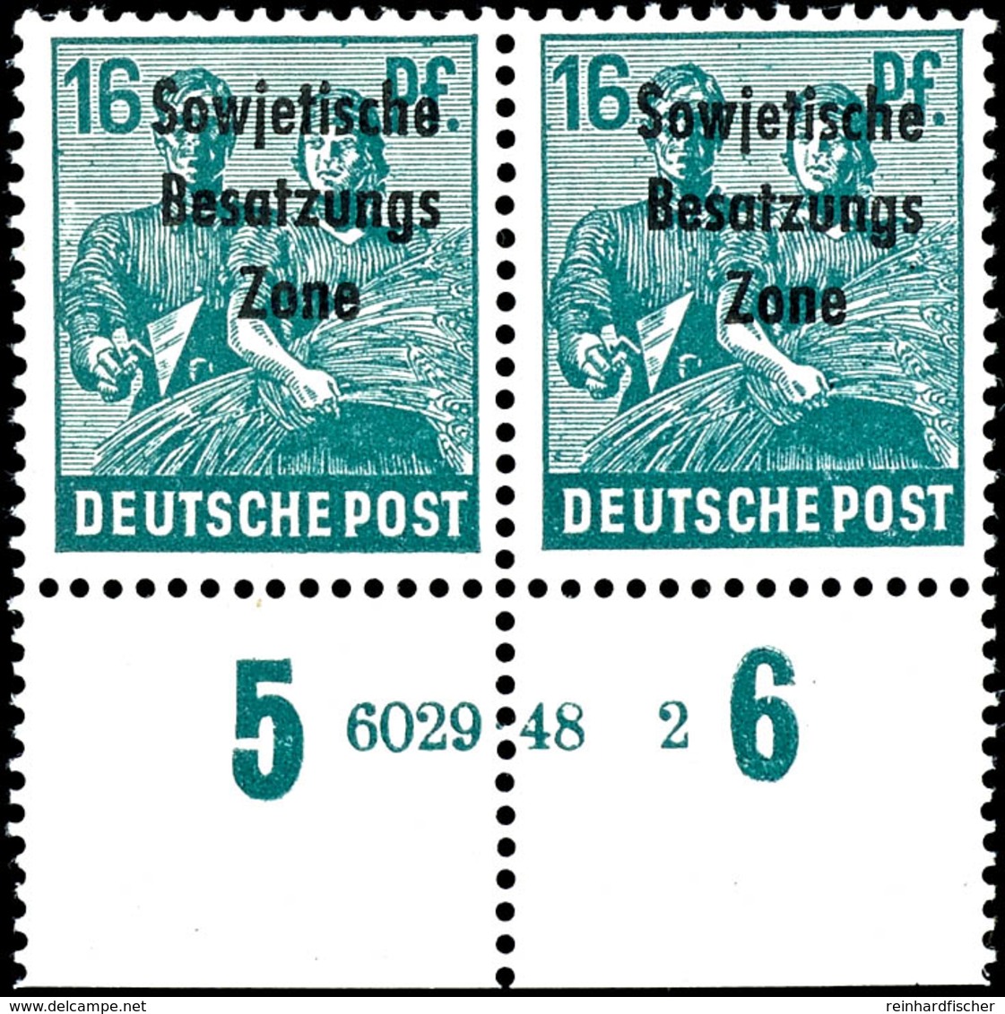 16 Pfg. Arbeiter Schwarzbläulichgrün, Vier Waagerechte Paare Vom Bogenunterrand Mit HAN "6029.48 1" Bis "6029.48 4", Pos - Sonstige & Ohne Zuordnung