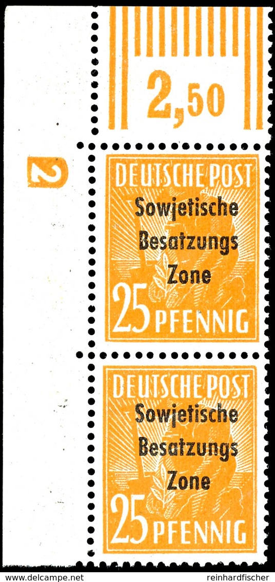 25 Pfg. Arbeiter, Senkrechtes Paar Aus Der Linken Oberen Bogenecke Mit Druckerzeichen "2" Negativ, Postfrisch, Fotokurzb - Autres & Non Classés