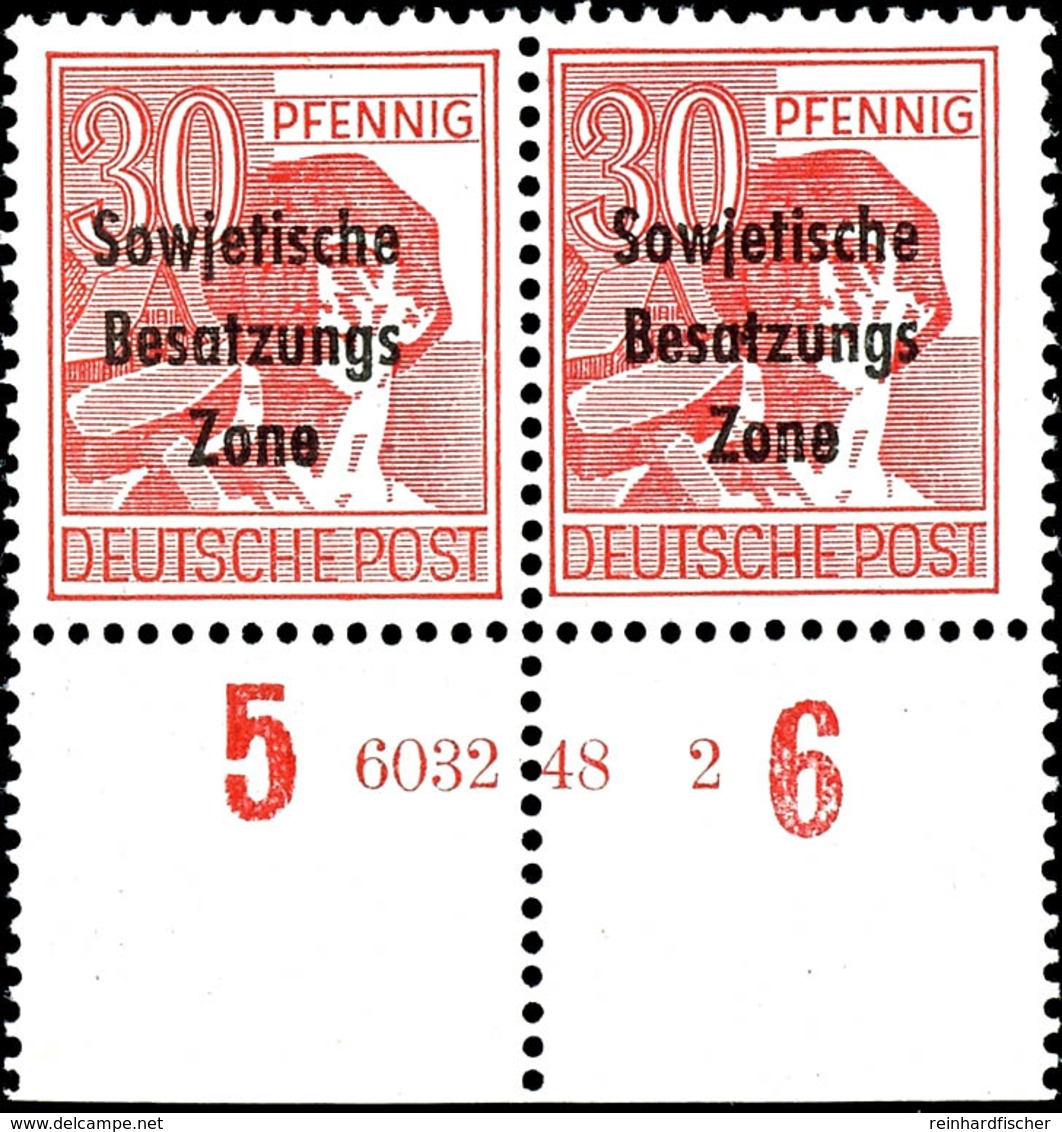 30 Pfg. Arbeiter Rot, Zwei Waagerechte Paare Vom Unterrand Mit HAN "6032.48 1" Bzw. "6032.48 2" Eine Marke Mit Aufdruckf - Autres & Non Classés