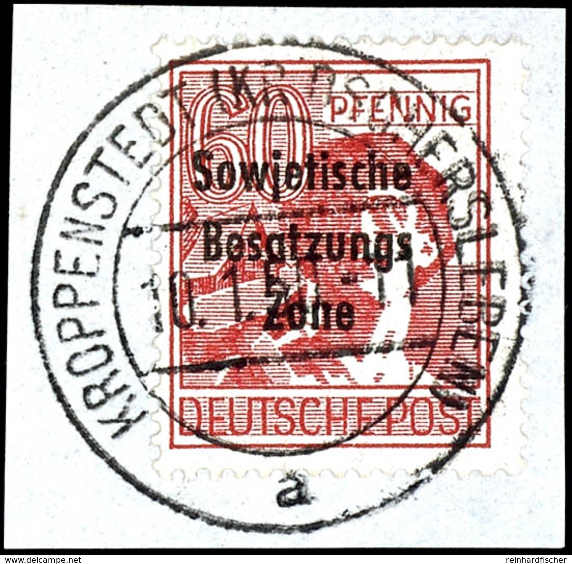 60 Pfg. Arbeiter Karminrot Gestempelt "KROPPENSTEDT (KR. OSCHERSLEBEN) 10.1.50" Auf Briefstück, Kabinett, Geprüft Und Fo - Autres & Non Classés