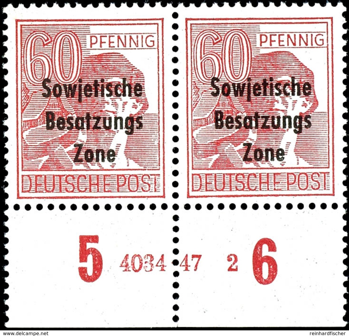 60  Pfg. Arbeiter Karminrot, Waagerechtes Paar Vom Bogenunterrand Mit HAN "4034.47 2", Postfrisch, Mittige Senkrechte Zä - Other & Unclassified