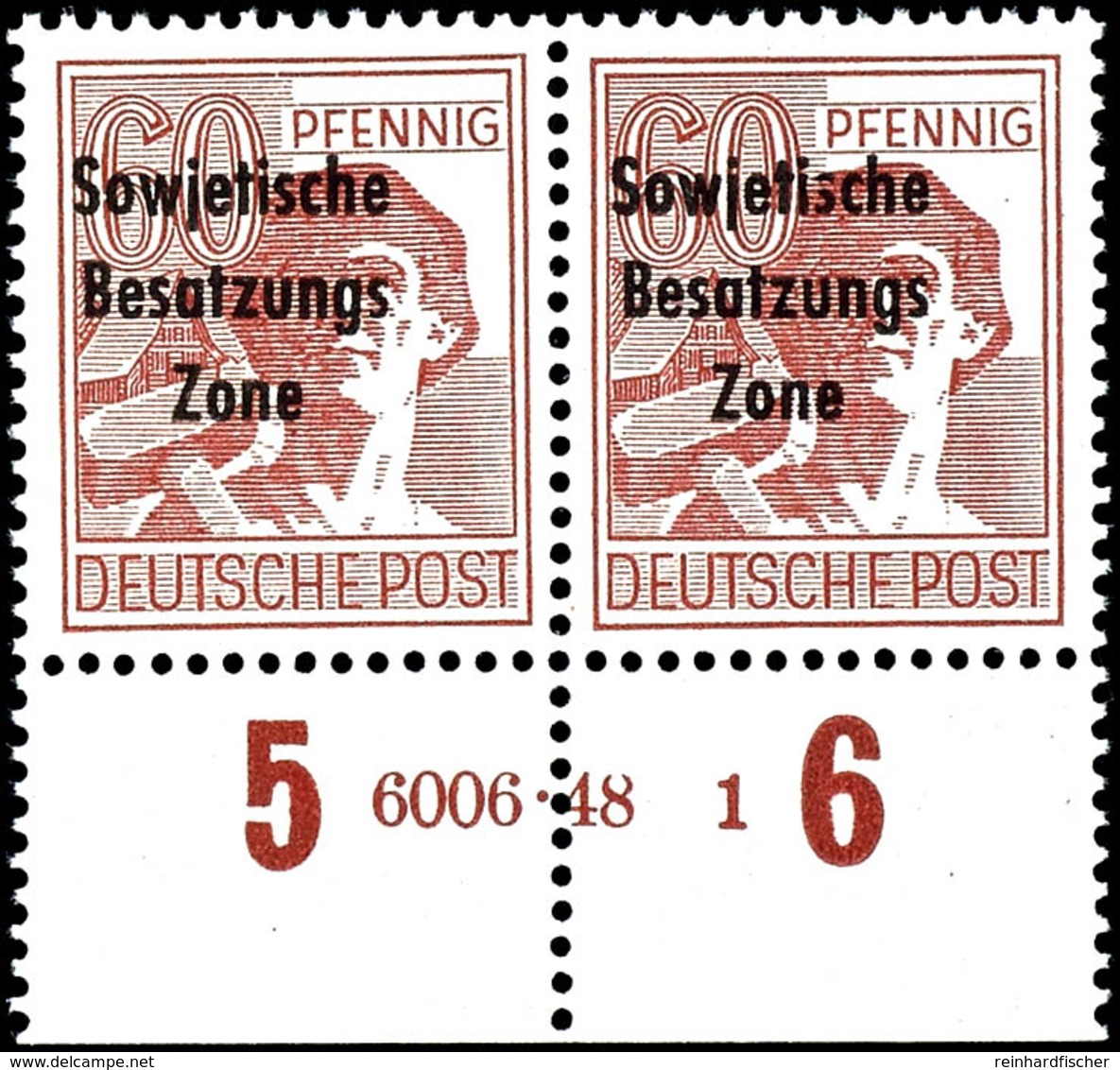 60 Pfg. Arbeiter Karminbraun, Zwei Waagerechte Paare Vom Bogenunterrand Mit HAN"6006.48 1", Geprüft Weigelt BPP, Bzw. "6 - Other & Unclassified