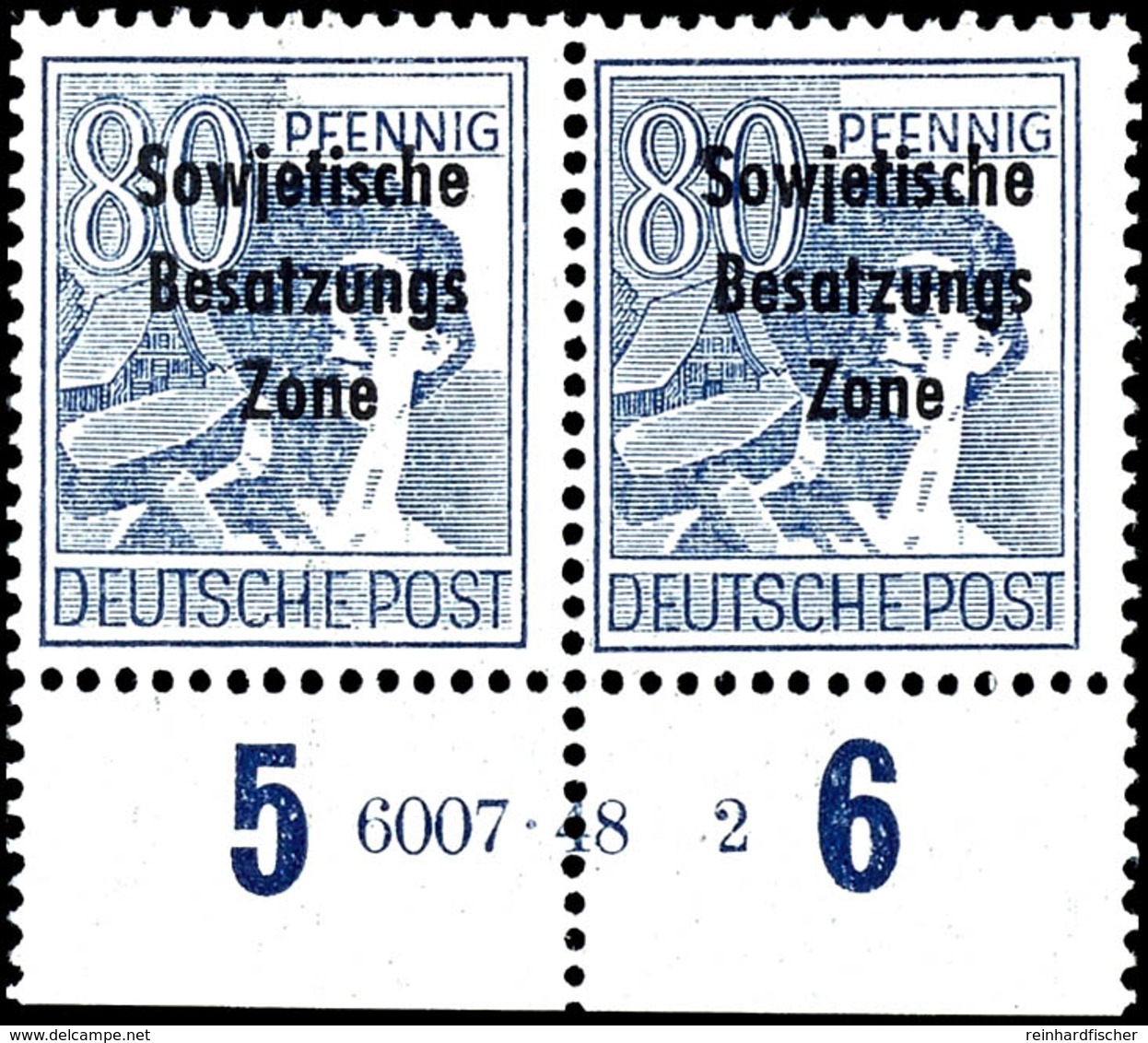 80 Pfg. Arbeiter, Waagerechtes Paar Vom Bogenunterrand Mit HAN "6007.48 2", Postfrisch, Fotokurzbefund Dr. Ruscher BPP,  - Autres & Non Classés