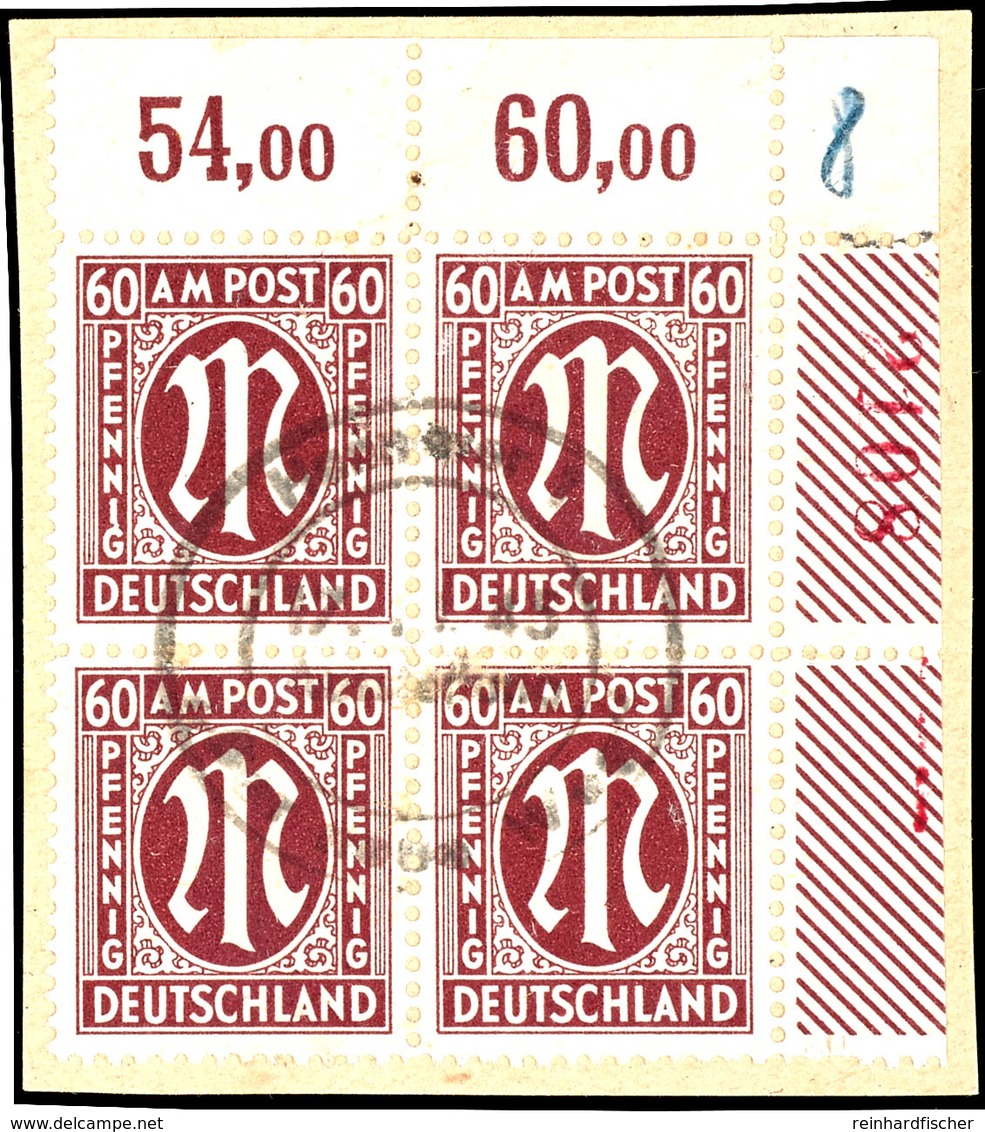 30 Pfennig Karminbraun, Gestempelt L11 : 11 1/2 Papier Z, 4er Block Aus Der Rechten Oberen Bogenecke Mit Roter Bogenzähl - Other & Unclassified