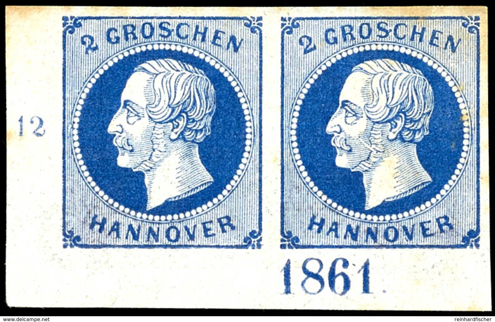 2 Gr. Dunkelblau, Im Breitrandigem Waager. Paar Aus Der Linken Unteren Bogenecke Mit Reihenzahl "12" Und Jahreszahl "186 - Autres & Non Classés