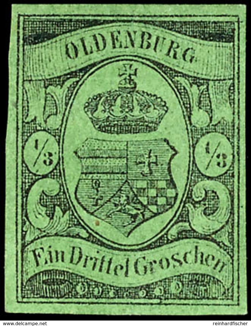 1/3 Gr. A. Grünlicholiv, Farbfrisches, Allseits Gleichmäßig Vollrandiges Prachtstück, Ungebraucht Ohne Gummierung, Tiefs - Oldenburg