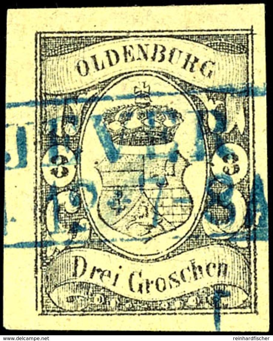 3 Groschen Schwarz Auf Graugelb, Breitrandiges Und Farbfrisches Luxusstück, Klar Entwertet Mit Blauem Ra2 "JEVER 12.7",  - Oldenburg