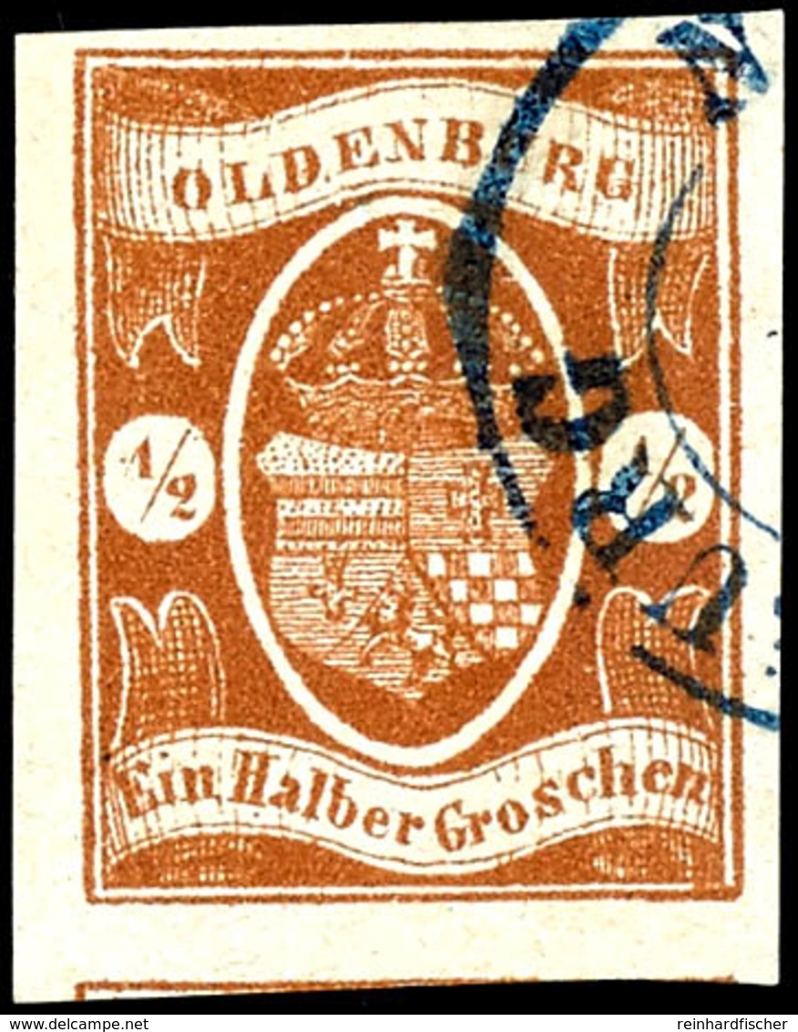 1/2 Groschen Orangebraun, Farbfrisches Und Breitrandiges Kabinettstück - Unten Teile Der Nebenmarke!, Entwertet Mit Blau - Oldenburg