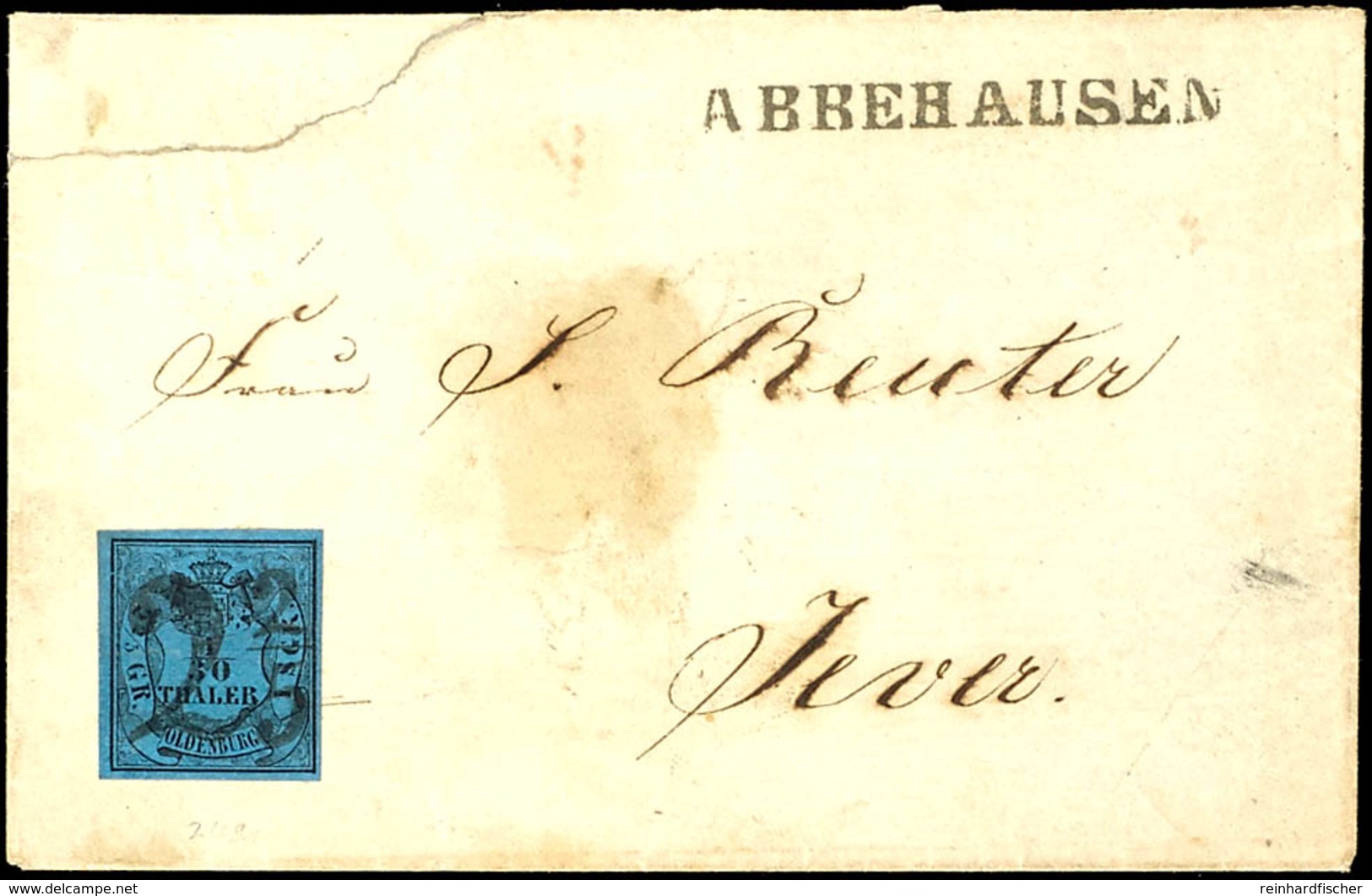 "2 2/5" (Abbehausen), Zentrisch Auf Vollrandiger 1/30 Th. A. Blau In Type II (Erstauflage), Als Einzelfrankatur Auf Brie - Oldenburg