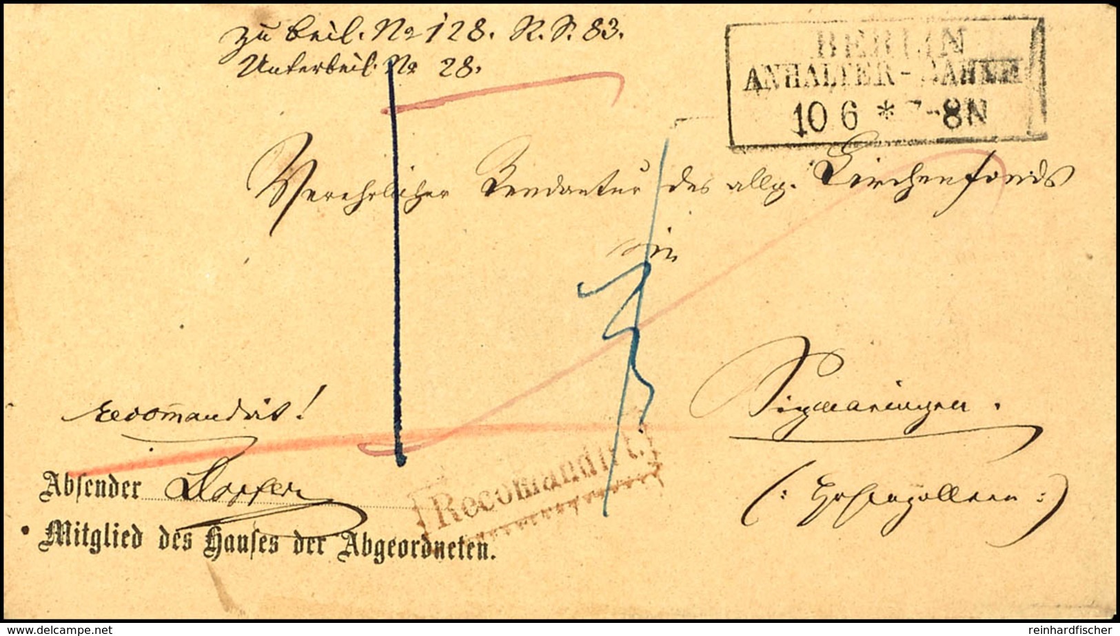 BERLIN / ANHALTER-BAHNH. / 10 6 (1862) , Ra3 Auf Reco-Brief Nach Sigmaringen Mit Ankunftsstempel, Kuvert Mit Vordruck "M - Other & Unclassified