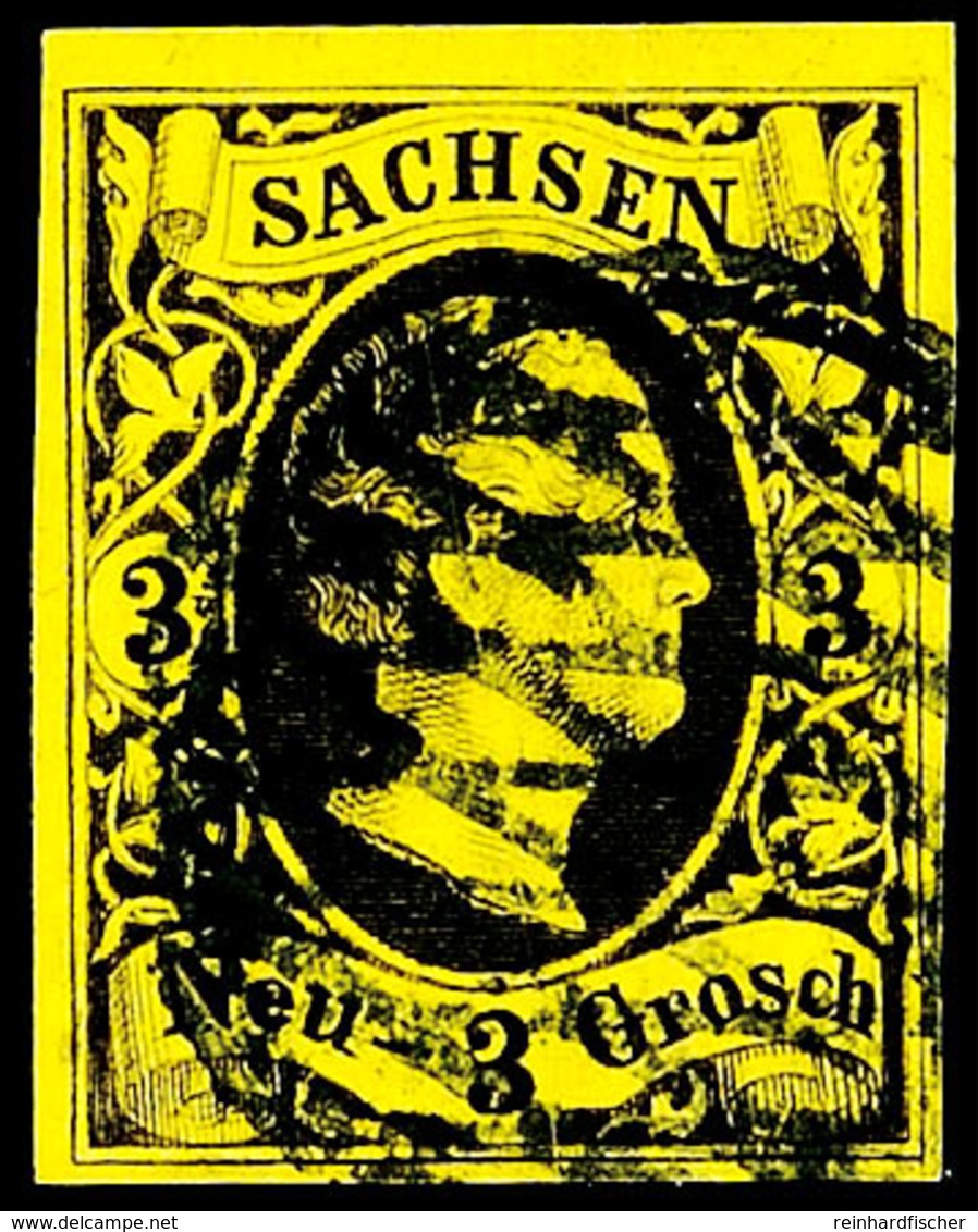 3 Neugroschen Schwarz Auf Mittelolivgelb, Voll- Bis Breitrandig, Mit 2. Chemnitzer Versuchsstempel (Vollgitter Mit DKr.) - Sonstige & Ohne Zuordnung