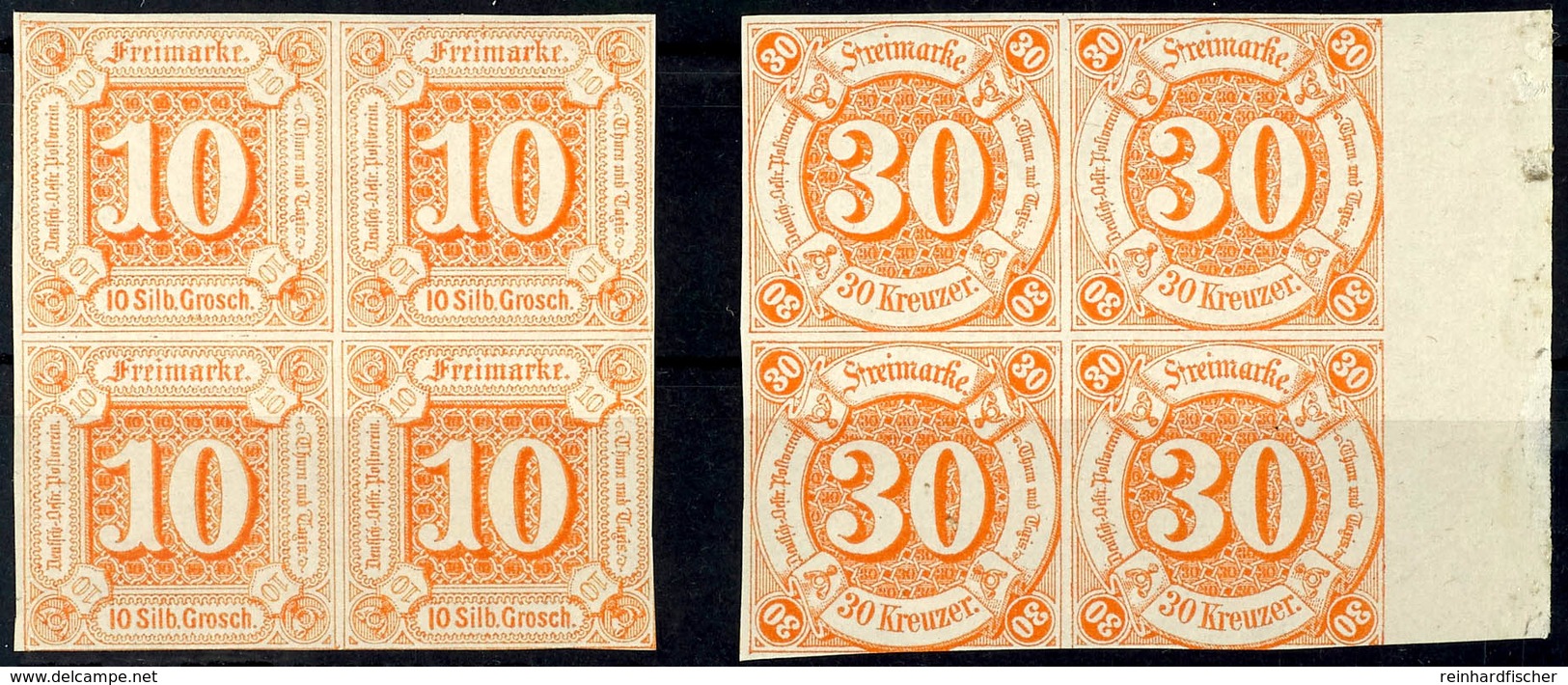 10 Sgr. Orange U. 30 Kr. Orange, Je In Postfrischen Viererblocks Im Teils Vollrandigem Taxischnitt, Der Zu 30 Kr. Mit Bo - Autres & Non Classés