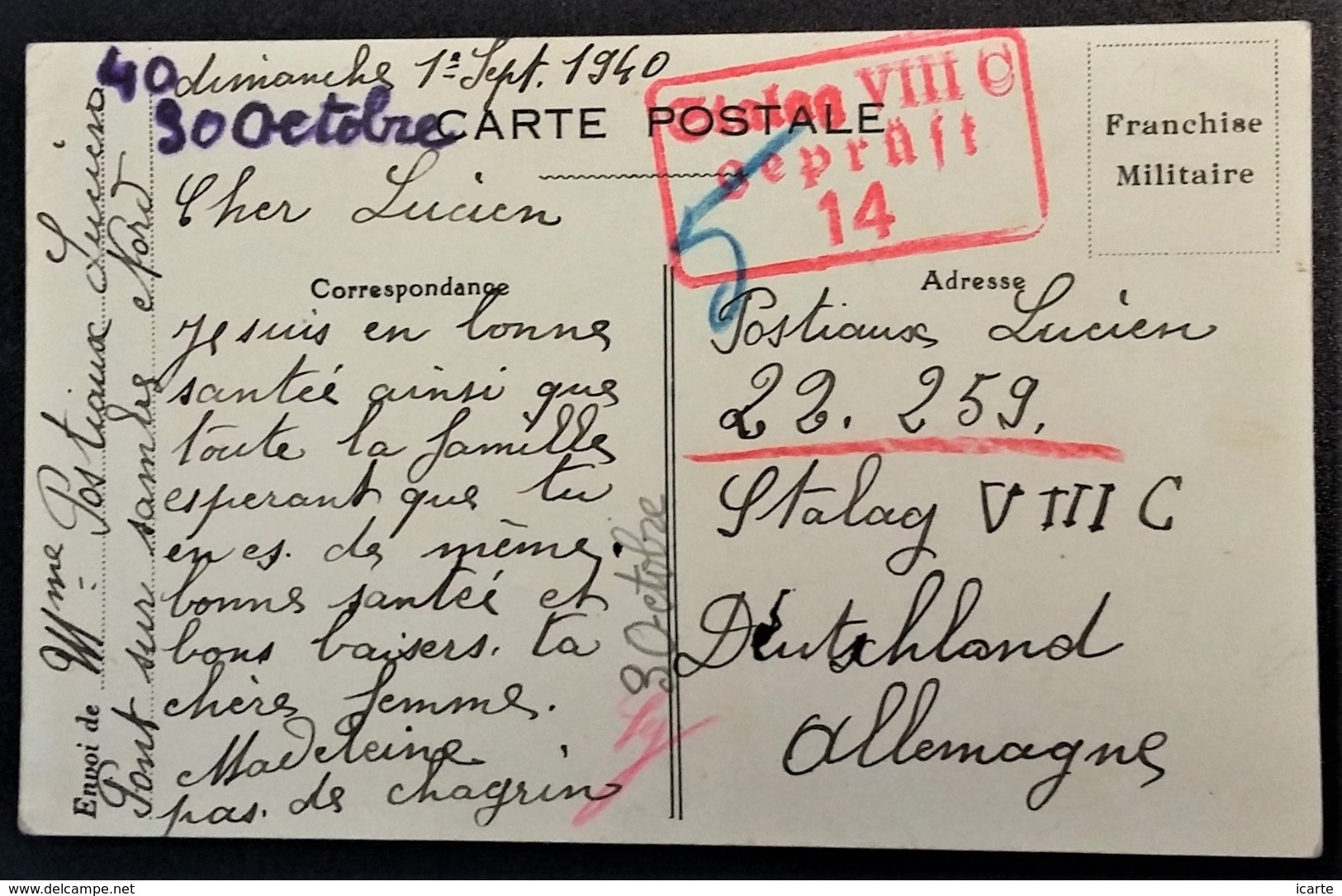 Carte De Franchise Militaire De Pont-sur-Sambre Pour Prisonnier De Guerre STALAG VIII C Zagan Pologne Septembre 1940 - Lettres & Documents