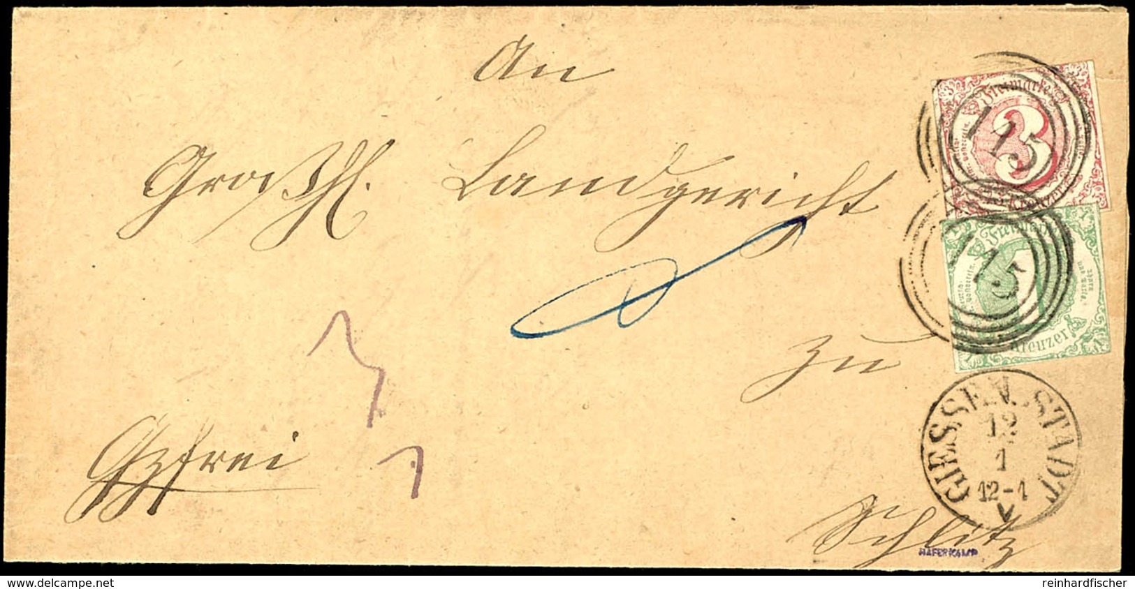 "115" (große Ziffern) Nebst K1 "GIESSEN STADT 12 1" (1865) Auf Postbezirksbrief Inkl. Vorausbezahltem Ortsbestellgeld Na - Other & Unclassified