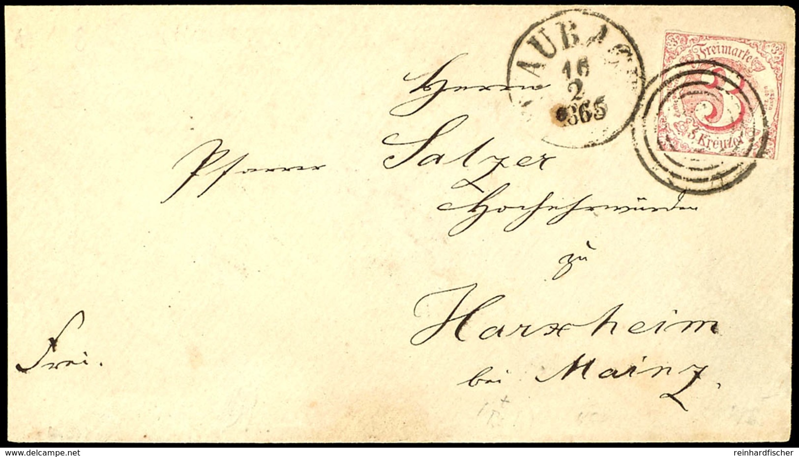 "130" Nebst K1 "LAUBACH 16 2 1865" Auf Postbezirksbrief 3 Kr. III. Ausgabe Im Taxischnitt, über Bahnpost Mainz-Worms, Ma - Other & Unclassified