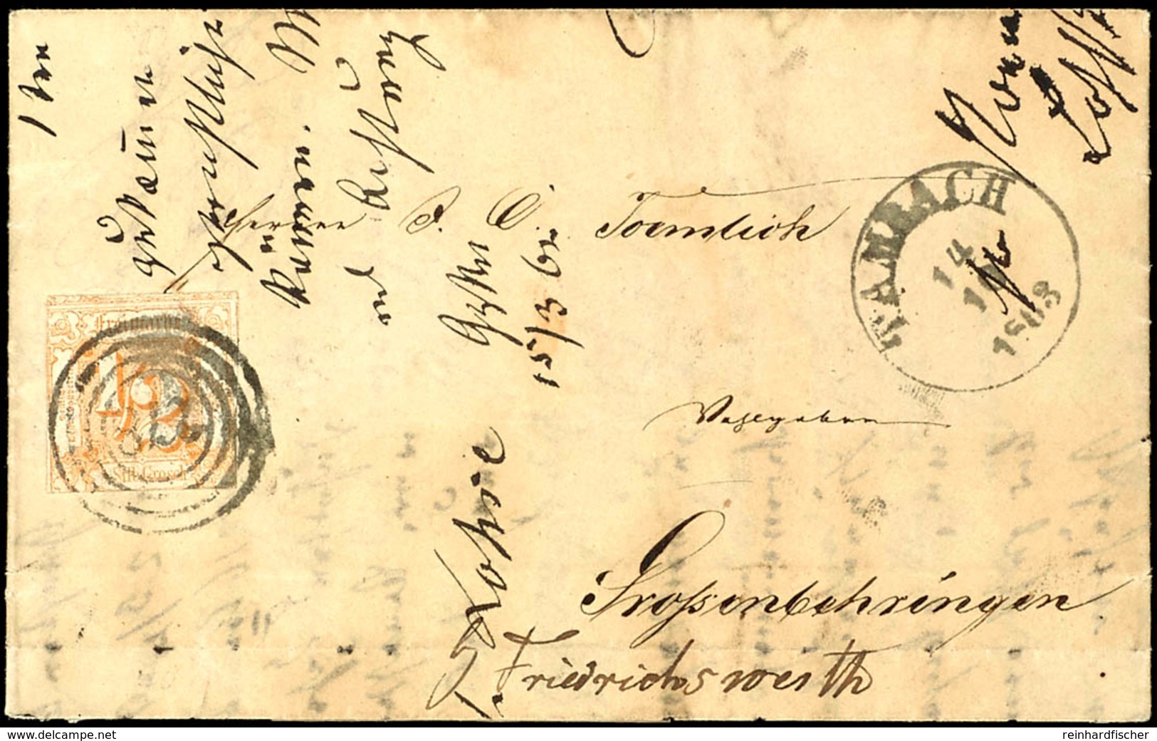 "278" Nebst K1 "TAMBACH 14 10 1863" Auf Postbezirksbrief 1/2 Sgr. Orange (waager. Briefbug) über Gotha Und Friedrichswer - Sonstige & Ohne Zuordnung