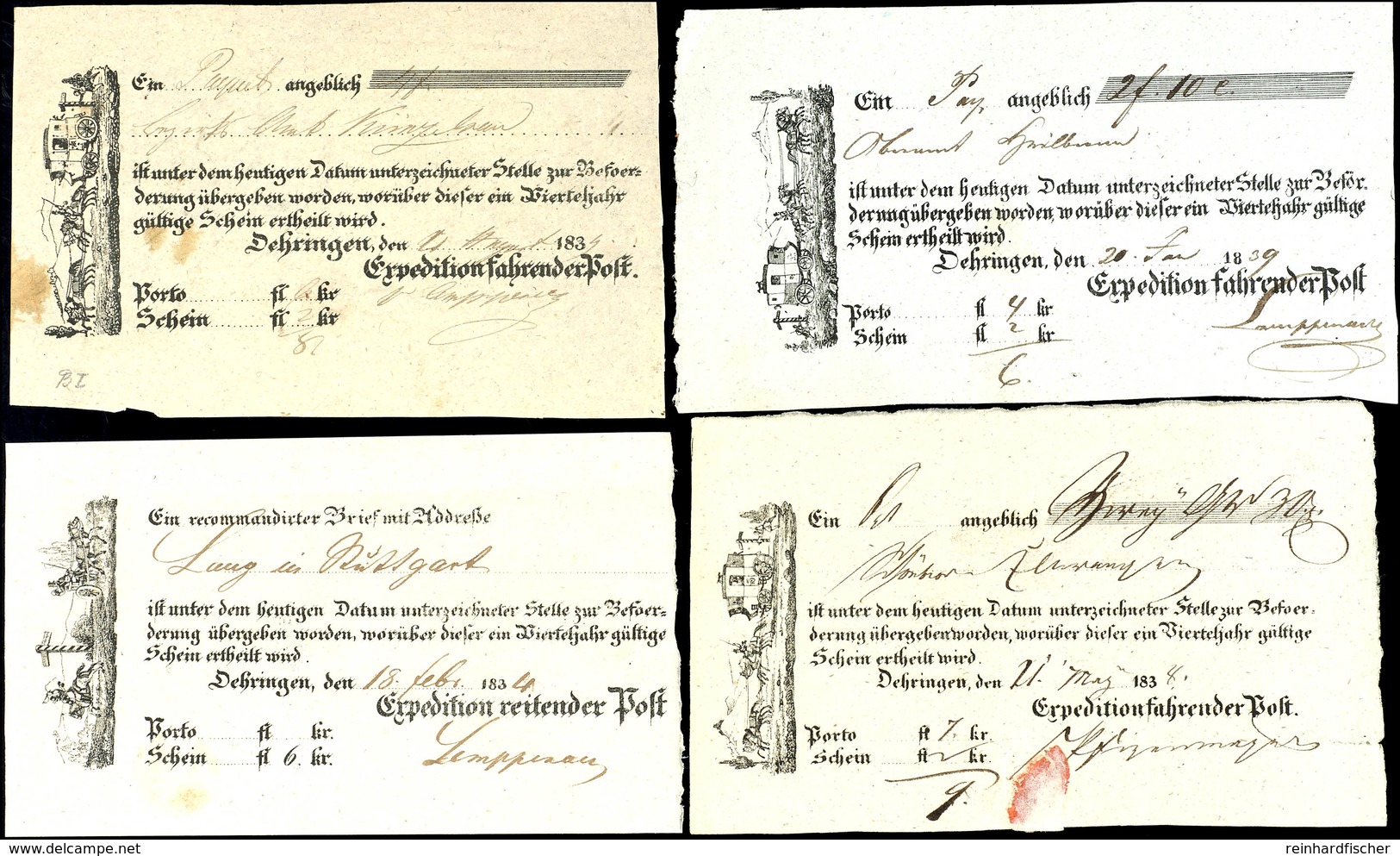 4 Seltene Postscheine Aus 1834/39, Zudruck Mit Kutsche Nach Links (mit Und Ohne Hund), Nach Rechts, Und Mit Postreiter,  - Sonstige & Ohne Zuordnung