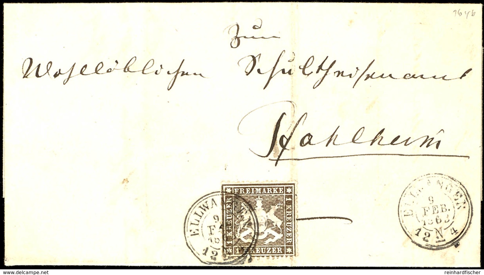 1 Kr. Wappen Schwärzlichbraun Auf Dünnem Papier Auf Portogerechtem Nahbereichs-Faltbrief Von K2 "ELLWANGEN 9 FEB. 1863"  - Other & Unclassified