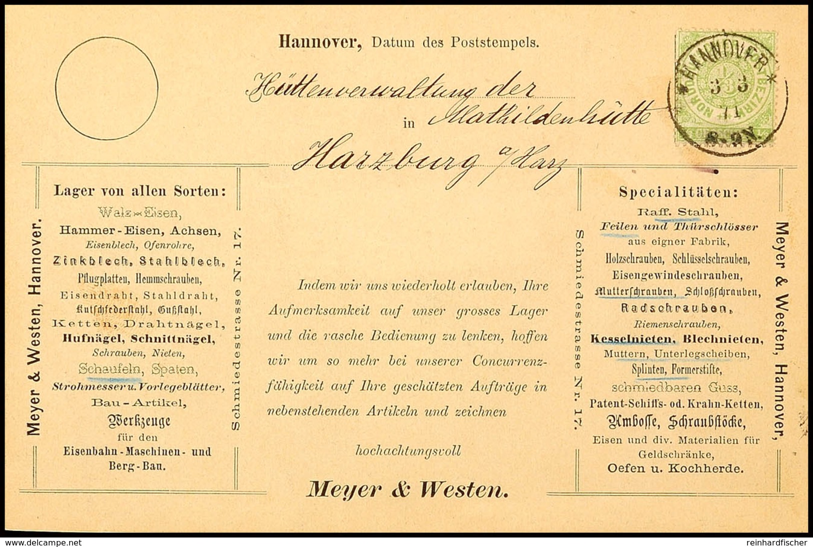 1/3 Gr. Gelblichgrün, Als Portorichtige Einzelfrankatur Auf Ansprechender Anzeigen-Postkarte Von "HANNOVER 3 3 71" Nach  - Sonstige & Ohne Zuordnung