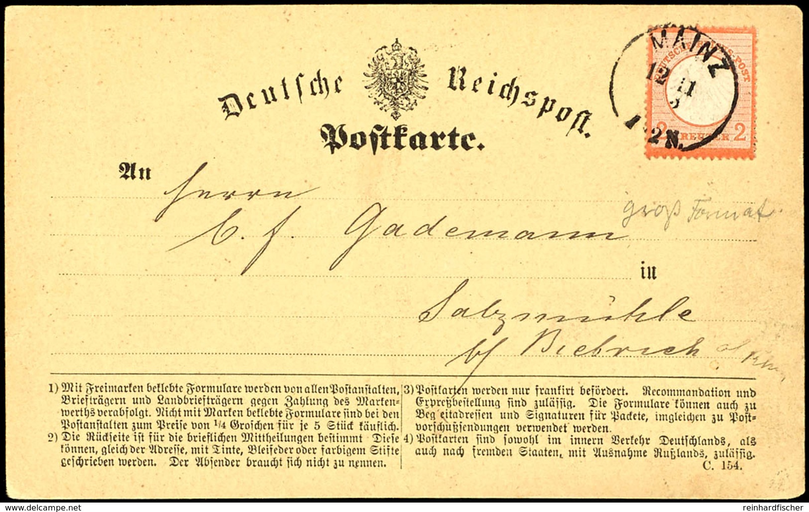 2 Kr. Kleiner Brustschild, Große Marke L16, Auf Postkarte, Zentrisch Gestempelt K1 "MAINZ 12 11 72" Nach Salzmühle Bei B - Sonstige & Ohne Zuordnung