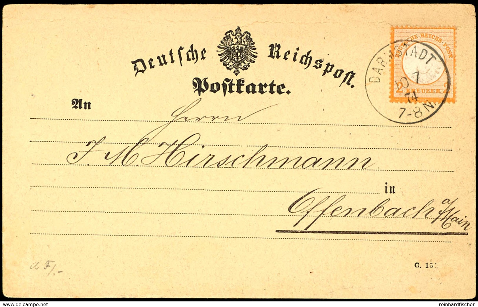 2 Kreuzer Großer Schild, Orange, Einzelfrankatur Auf Karte Aus "Darmstadt 10.7 74" Nach Offenbach Am Main, Das Postkarte - Other & Unclassified